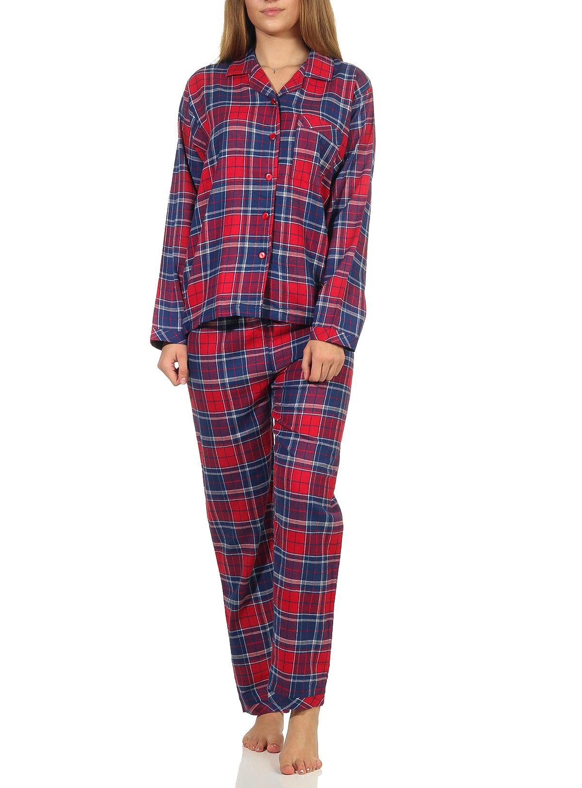 Normann Pyjama Damen Flanell Schlafanzug kariert mit Knopfleiste und Hemdkragen