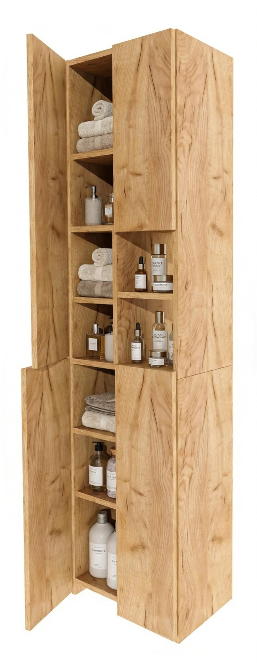TREND WERK Hochschrank Badschrank schmal stehend B45 x T26,5 x H180 cm (Schmaler Badezimmerschrank mit Regalfächern & Stauraum) Holzoptik, offene & geschlossene Fächer, Standregal Bad, platzsparend