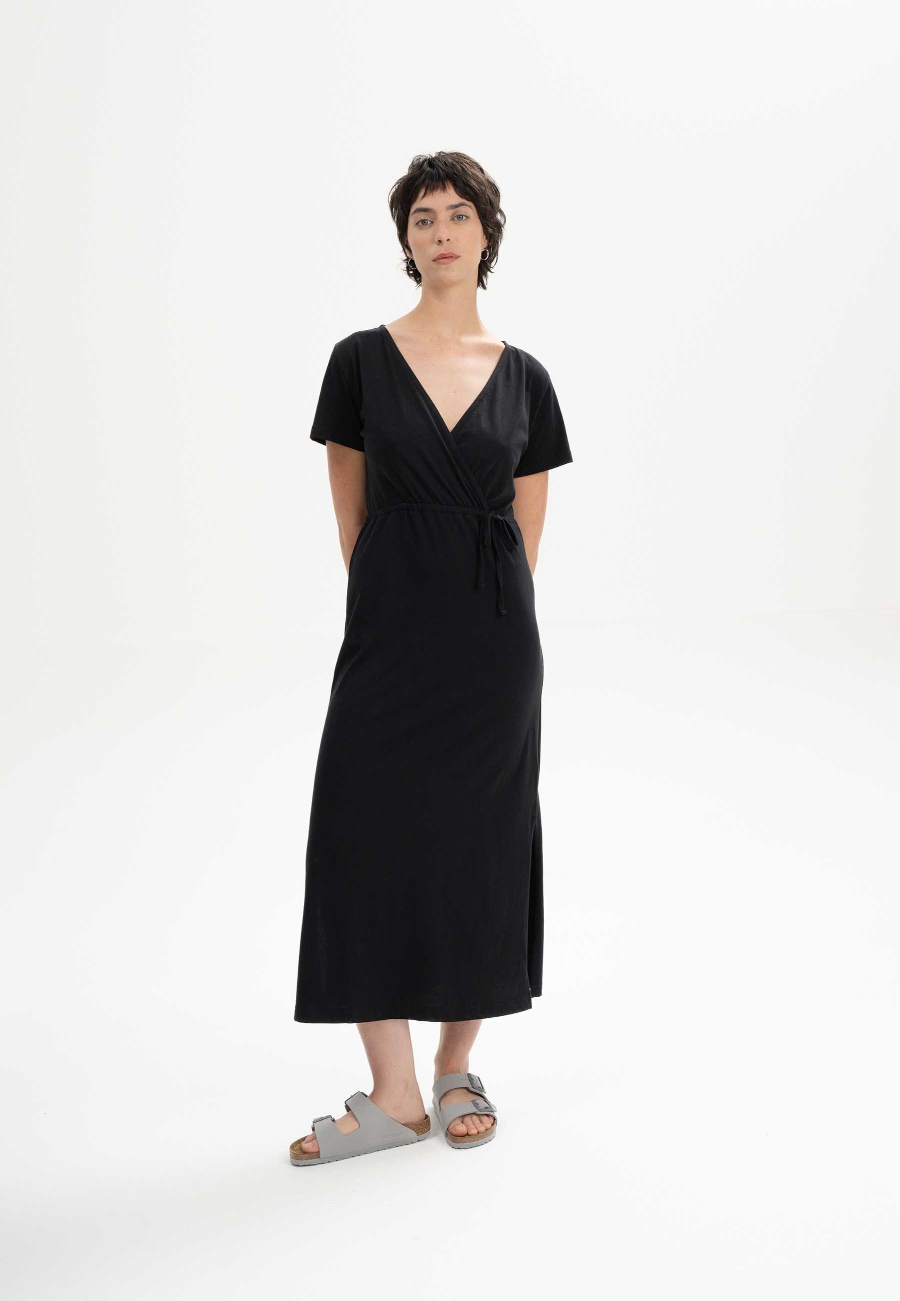 MELA Jerseykleid V-Neck Kleid lang Style SHREOSHI Bindegürtel