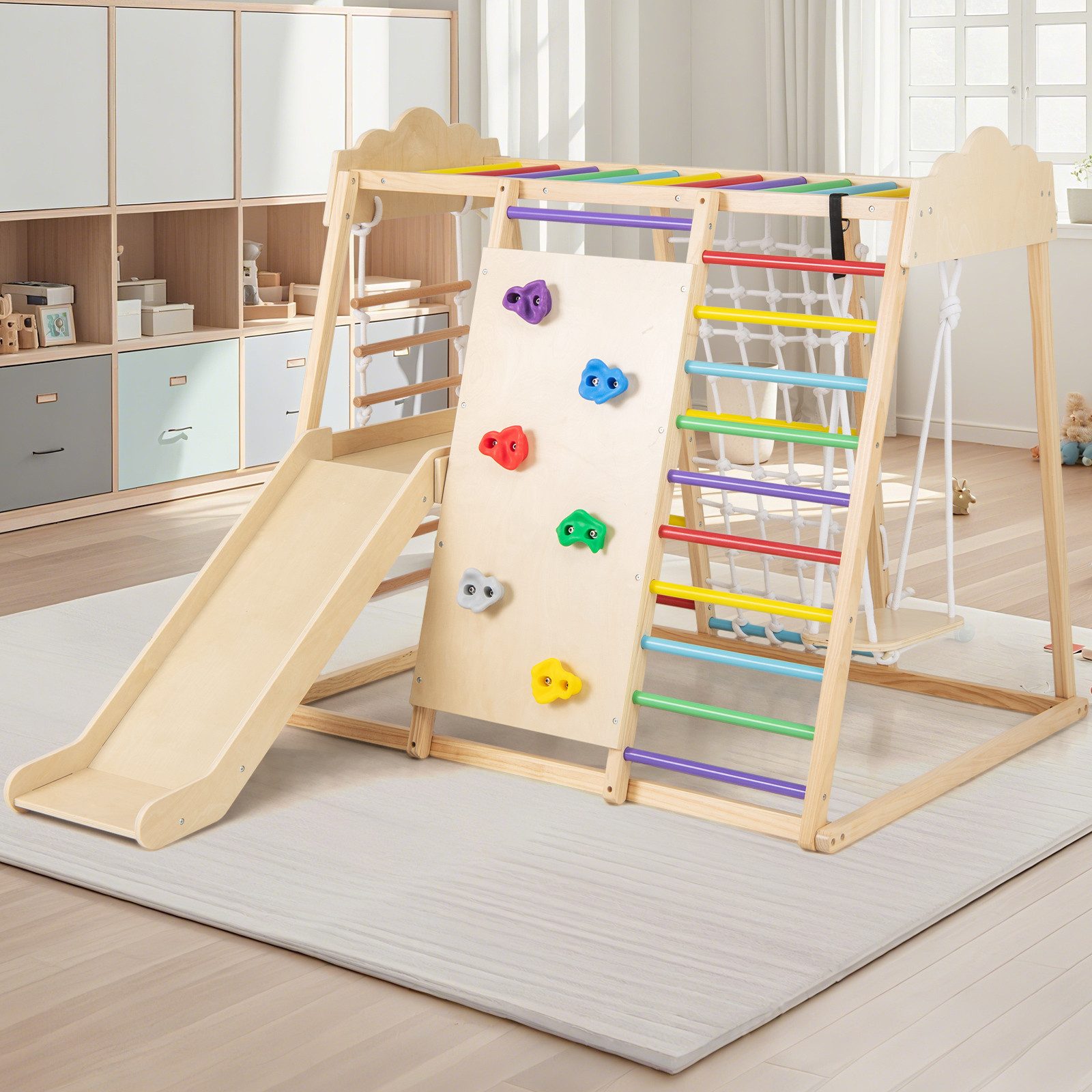 COSTWAY Klettergerüst, 8 in 1 hölzerne Kletterdreieck mit Rutsche & Schaukel, indoor