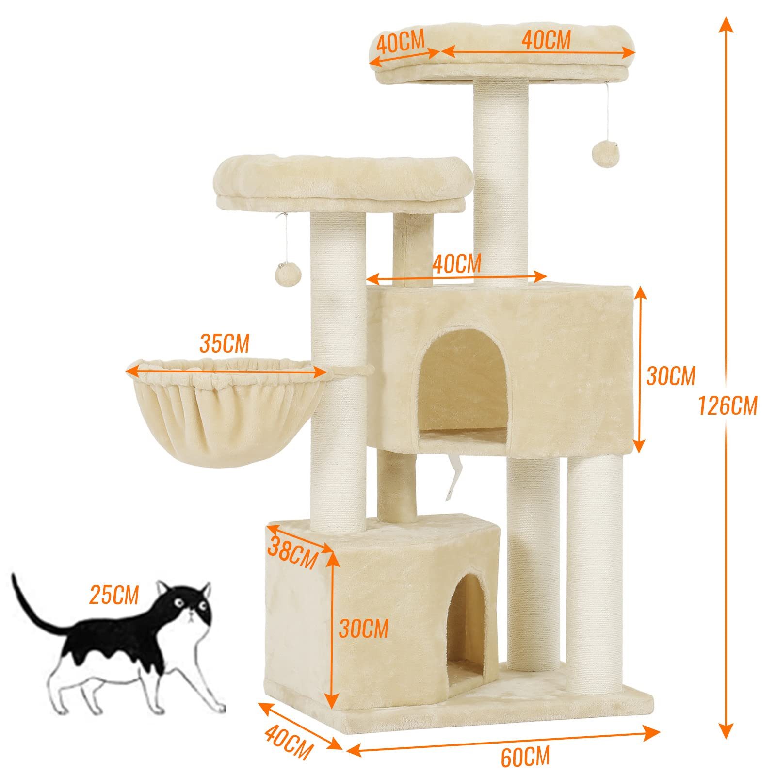 MSMASK Kratzbaum groß für Katzen stabil mit Sisal-Kratzstangen, 2 Aussichtsplattform