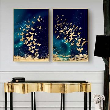 TPFLiving Kunstdruck (OHNE RAHMEN) Poster - Leinwand - Wandbild, Goldene Fische und Schmetterlinge auf blauem Hintergrund - (7 verschiedene Größen zur Auswahl - Auch im günstigen 3-er Set), Farben: Gold, Blau - Größe: 13x18cm