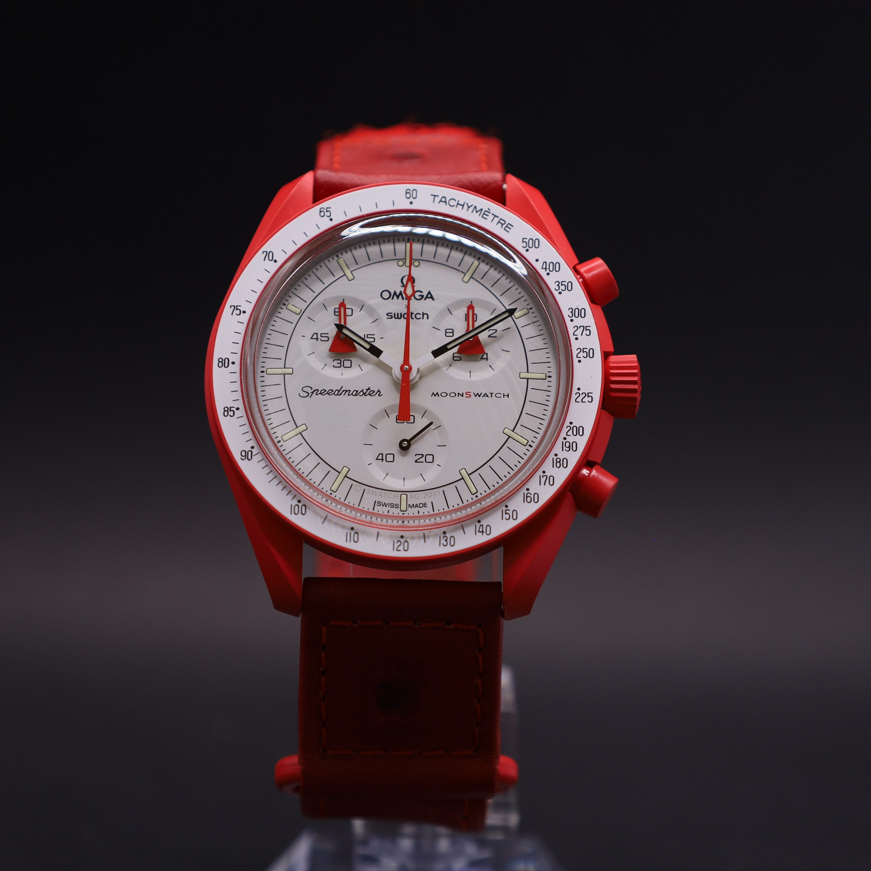 Swatch Chronograph OMEGA x Swatch MoonSwatch Mission to Mars Straußenleder SO33R100C, (1-tlg)