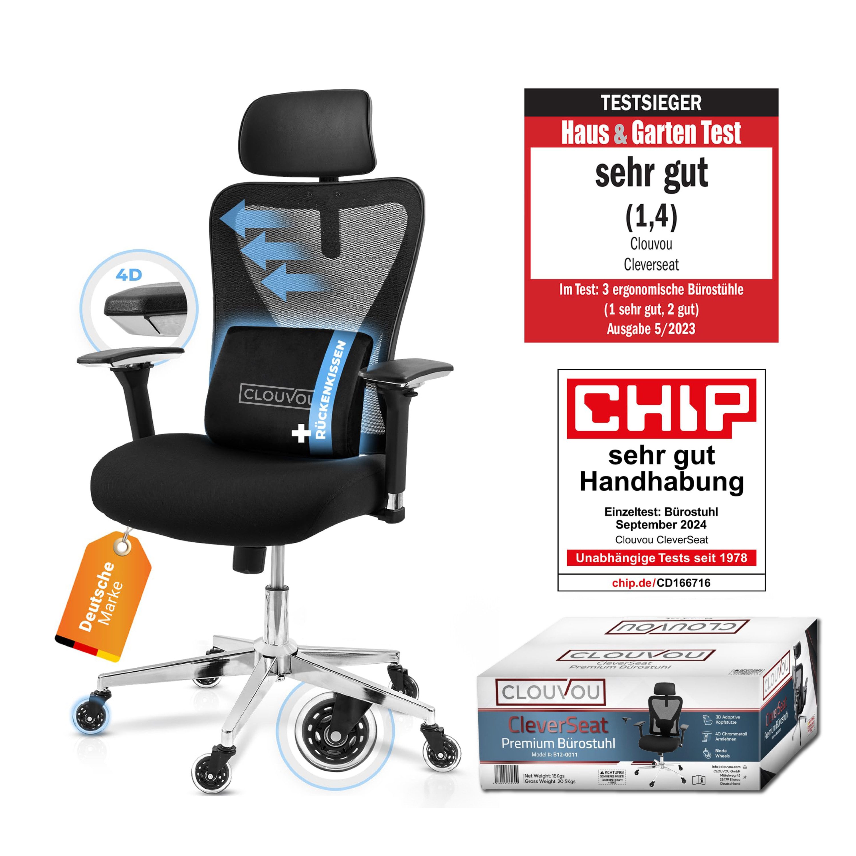 CLOUVOU Bürostuhl ergonomisch, CleverSeat Schreibtischstuhl bis 150 kg - Testsieger (Chefsessel für Arbeitszimmer, 4D Chrom-Metallarmlehne), Blade Wheels, Homeoffice, Gaming Stuhl, Drehstuhl