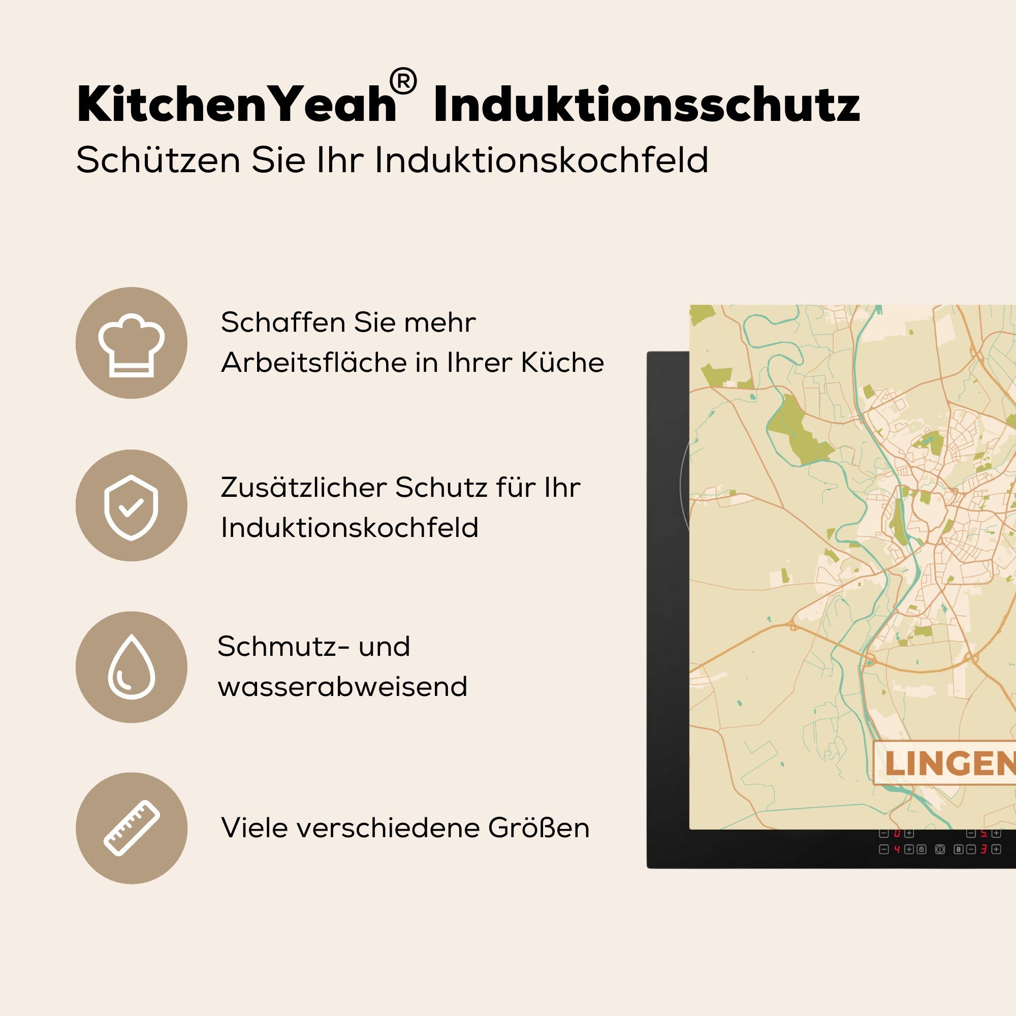 MuchoWow Herdblende-/Abdeckplatte Lingen (1 Vintage küche Arbeitsplatte Vinyl, Ceranfeldabdeckung, Karte - Stadtplan, für cm, tlg), - 78x78 