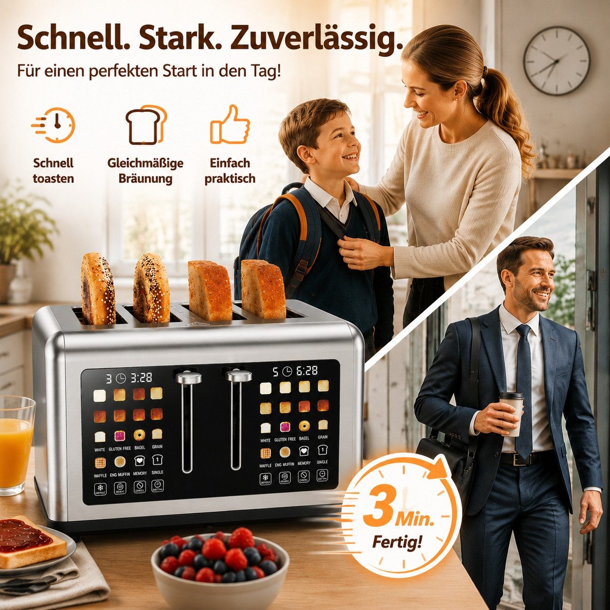Fofile Toaster 2/4 Scheiben mit Abbruch-, Auftau- & Aufwärmfunktion, 4 kurze Schlitze, für 4 Scheiben, 1760 W, LED Anzeige, Berührungskontrolle, 8 Bräunungsstufen, 6 Brotsorten