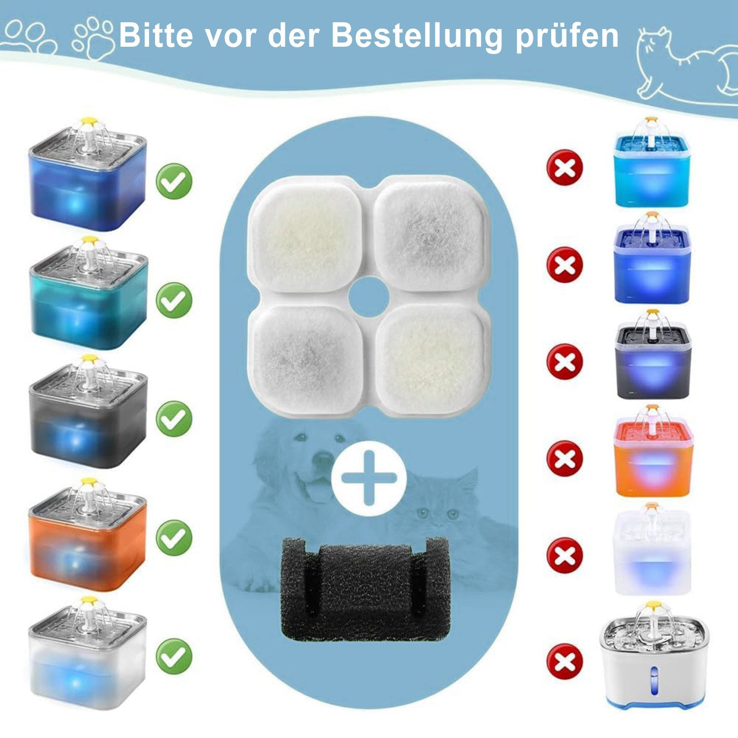 Refined Living Trinkbrunnen 12 tlg Katzenbrunnen Filters Katzen-Wasserbrunnenfilterersatz für 3L, Dreifaches Filtersystem Ersatzfilter Katze Wasserfilter HarzAktivkohle