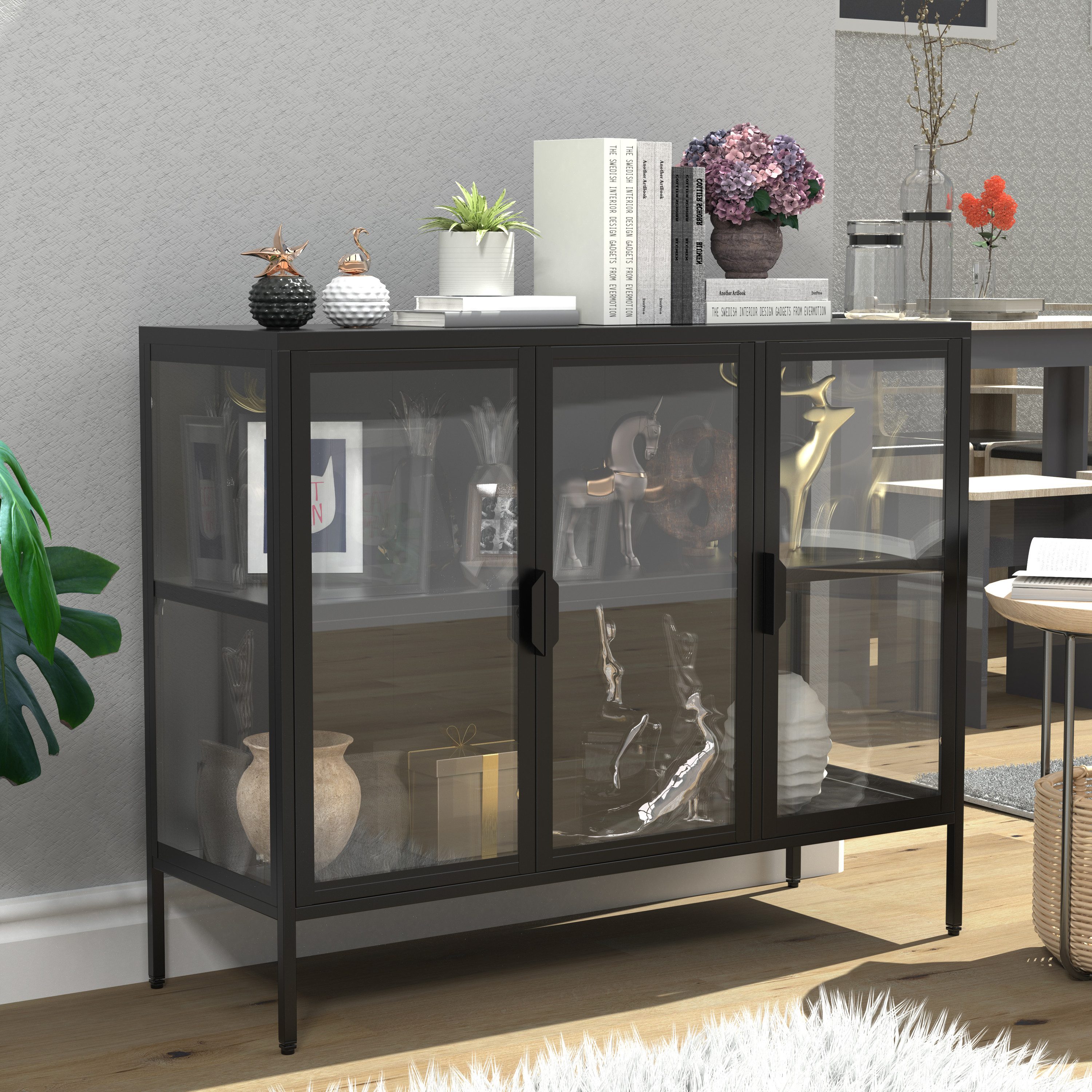 VCM Standvitrine Stahl Glas Vitrine Sideboard Kommode Floka L