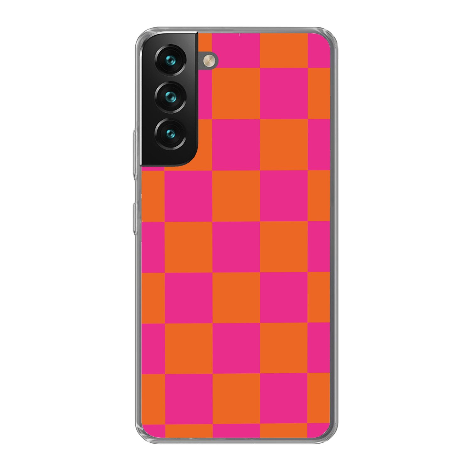 MuchoWow Handyhülle für Samsung Galaxy S22 Schachbrettmuster - Orange - Rosa - Blöcke, Phone Case, Silikon, Schutzhülle Dünn