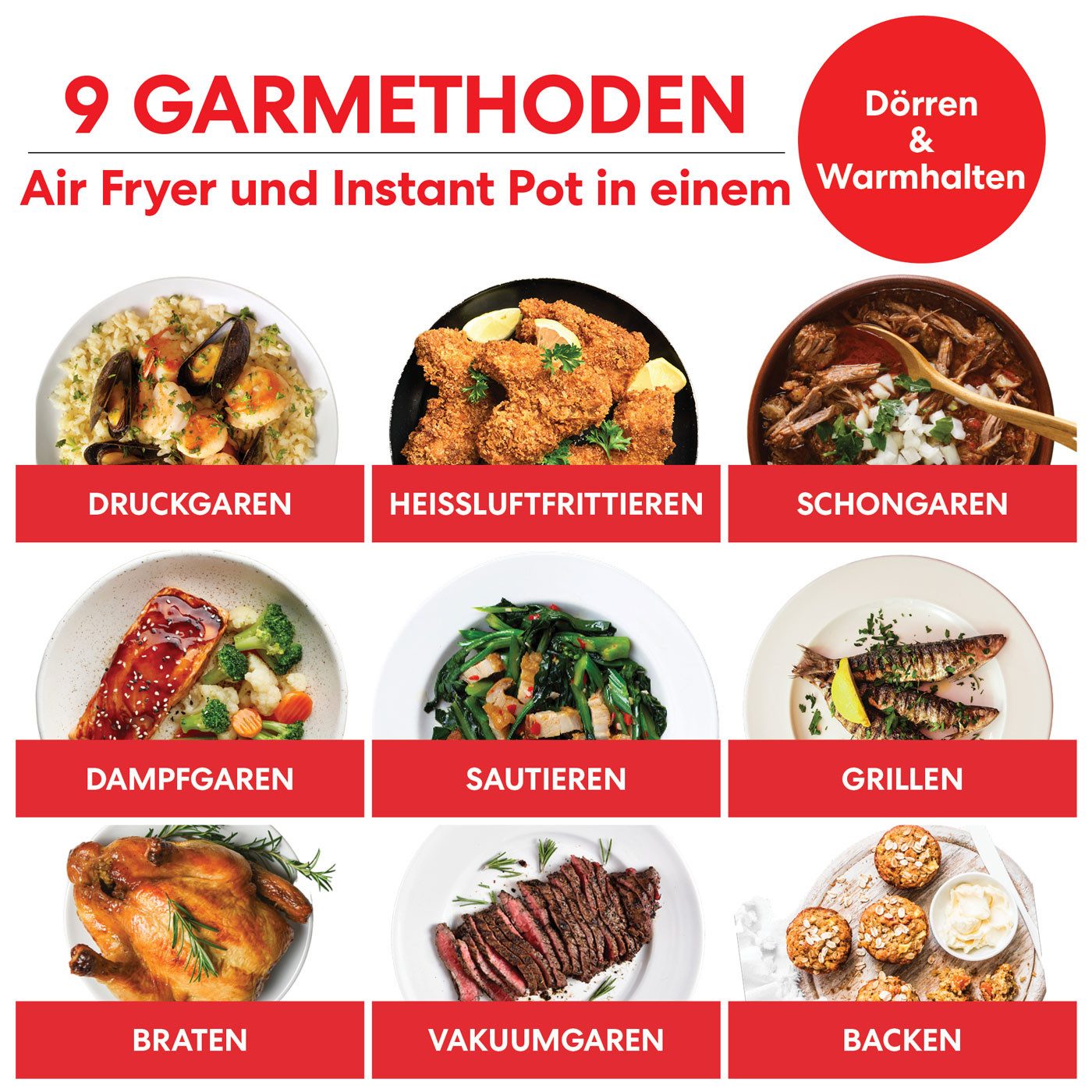 Instant Pot Multikocher Duo Crisp 11in1 Heißluftfritteuse Slow Cooker Braten Grillen Backen, 1500 W, 7.6 l Schüssel, 2 abnehmbare Deckel für Schnellkochen und Heißluftfrittieren
