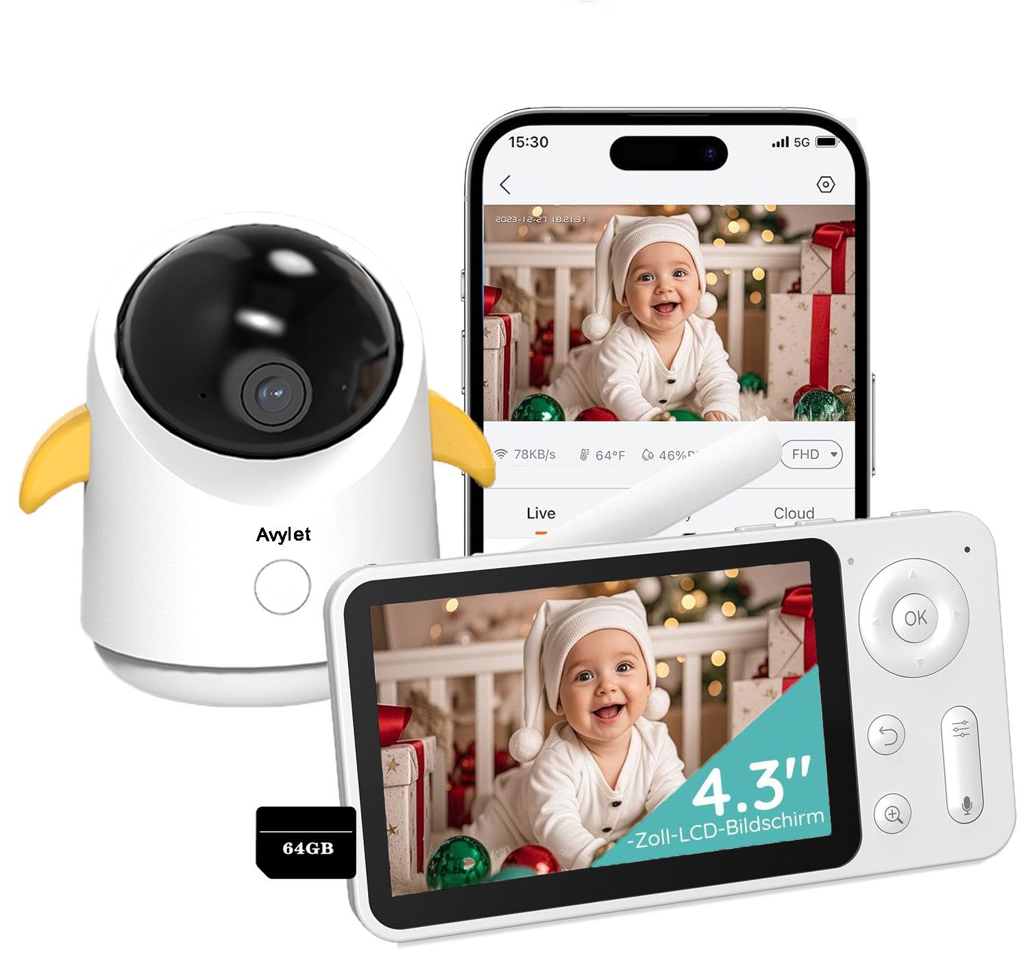Video-Babyphone 4,3 Zoll Video-Babyfon mit Kamera 360° WLAN Babyphone mit App
