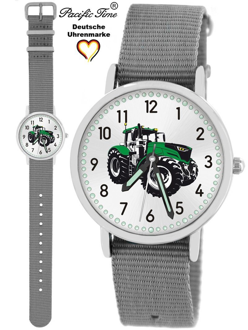 Pacific Time Quarzuhr Kinder Armbanduhr grau und Wechselarmband, - Versand Gratis Traktor Design Match Mix grün