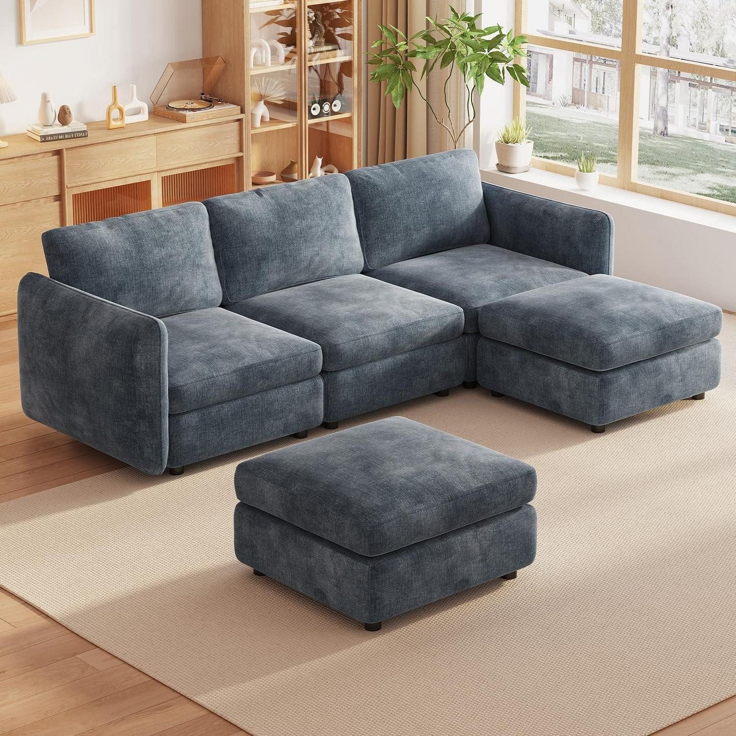 LuxusKollektion Wohnlandschaft Ecksofa Stoff Wohnlandschaft 5 Sitzplätze 3 Sitze und 2 Ottomanen