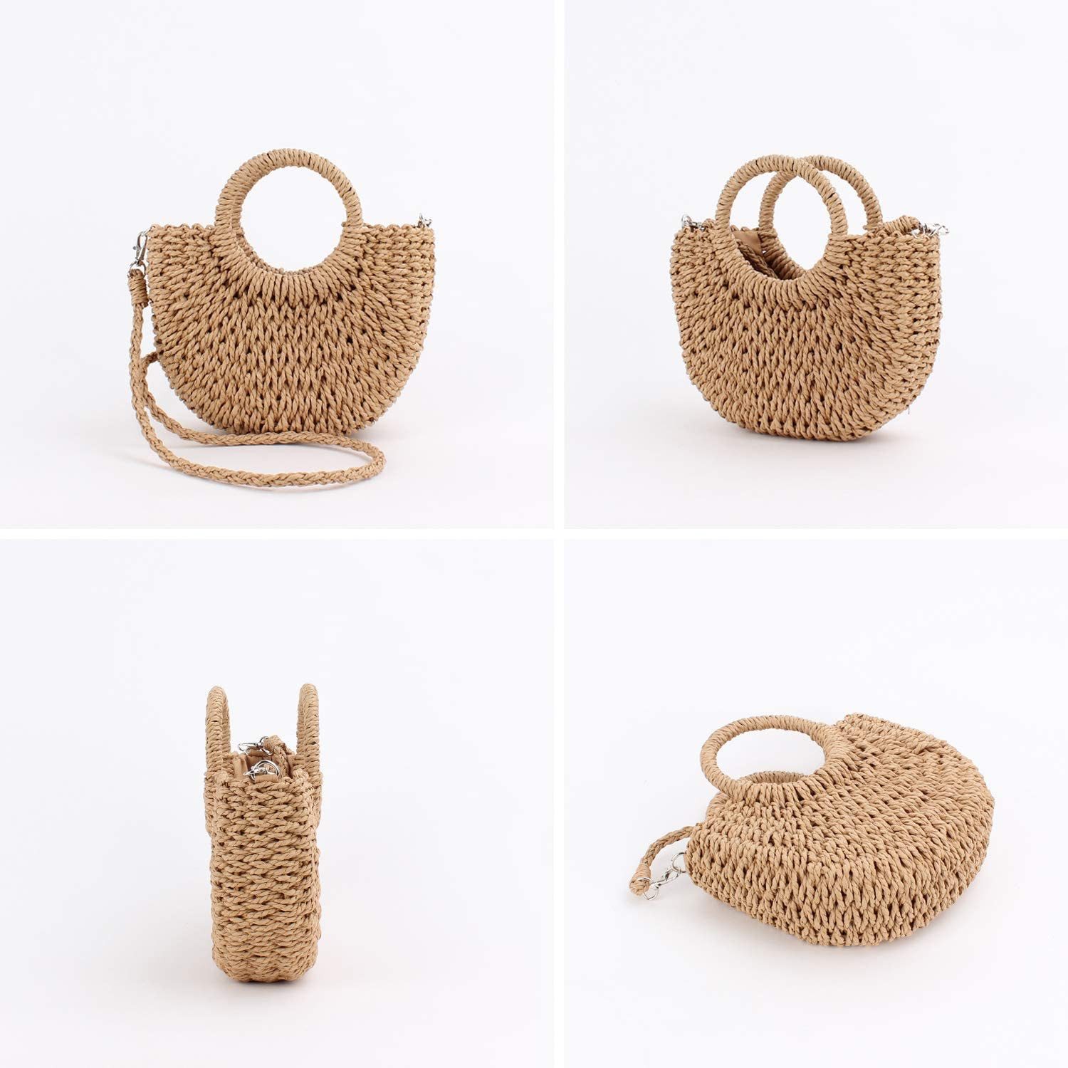 Bwecuy Umhängetasche Strohtasche Damen Halbmond, Handgeflochtene Rattan Strandtasche, Retro Schultertasche und Crossbody Bag, Sommer Tasche – Bild 4 von 5