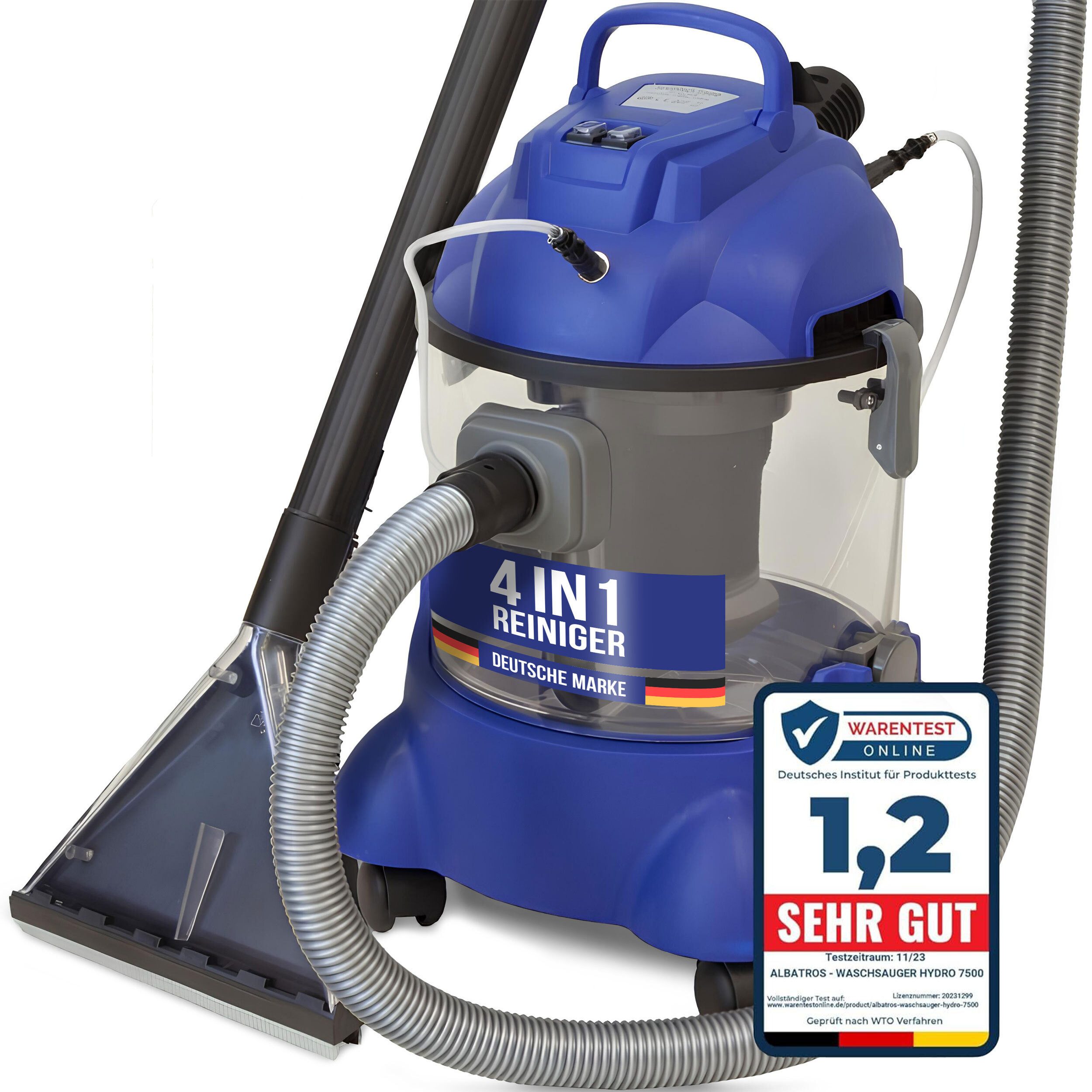 Albatros International Teppichreinigungsgerät Waschsauger Polster + Teppich HYDRO 7500 - 4in1, 1200 W, Polster-Reiniger Auto - 1200 W, 20l Volumen, 16 kPa Saugleistung