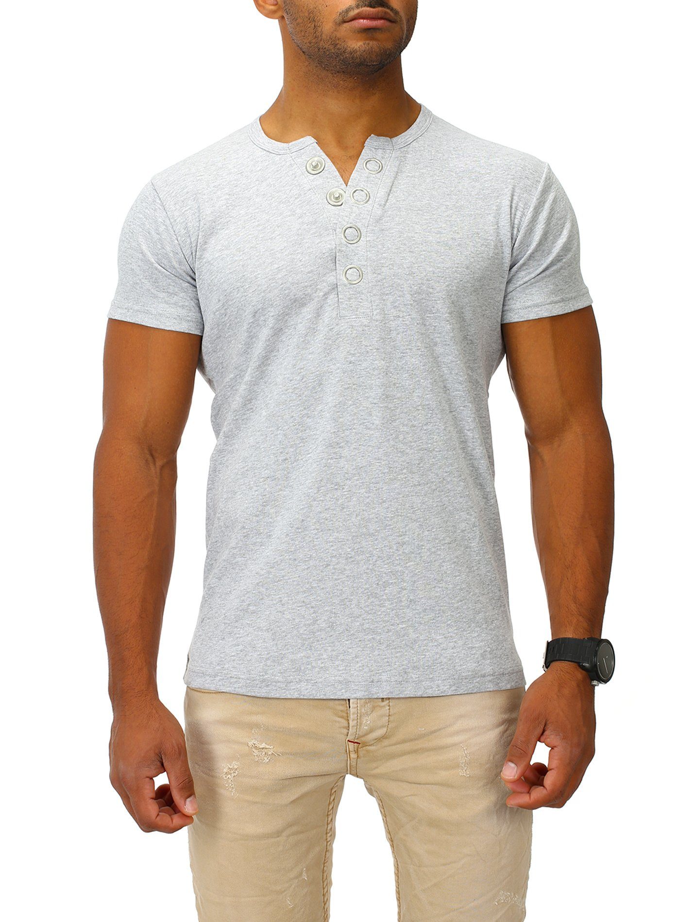 Joe Franks T-Shirt Big Slim grey Fit melange Button stylischem in