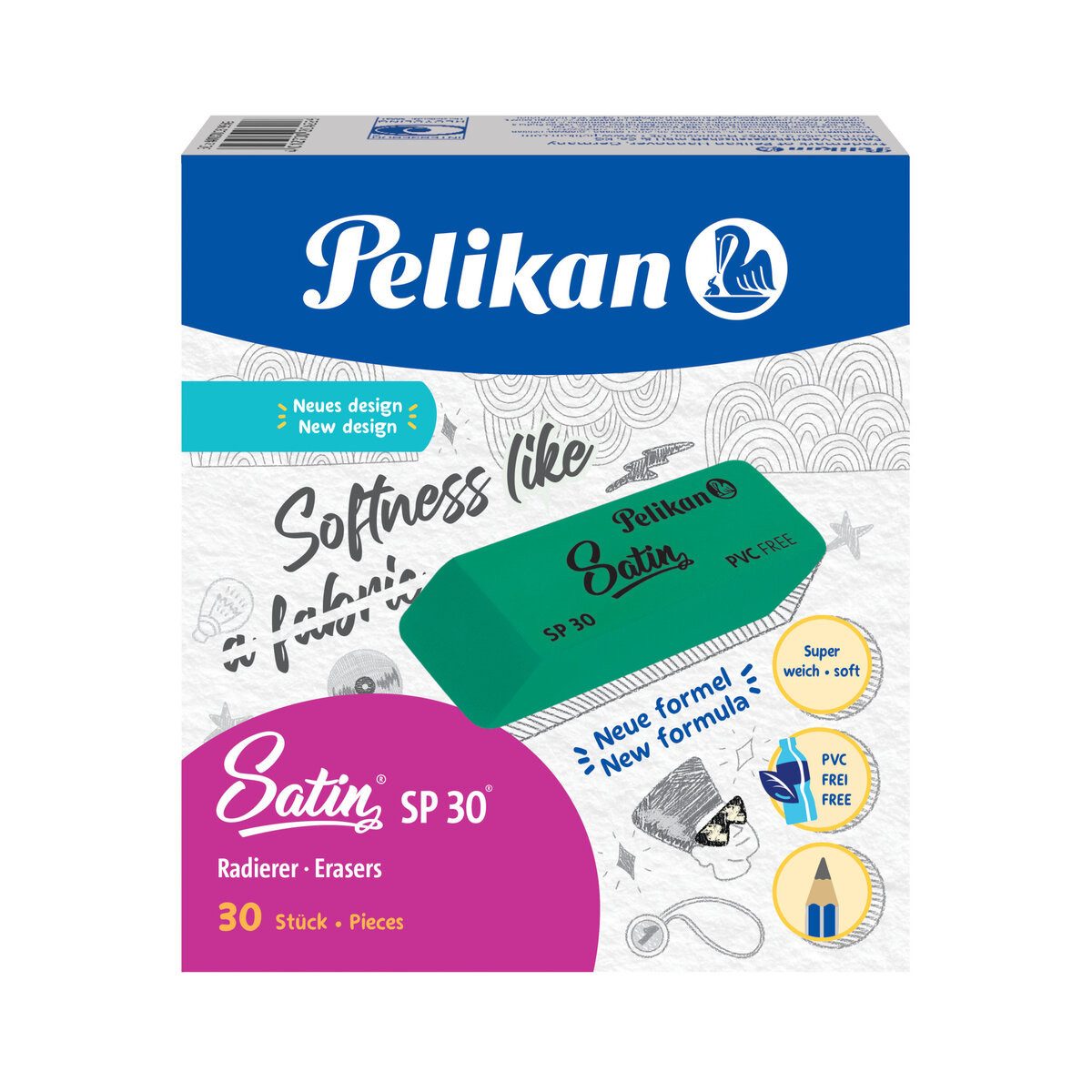 Pelikan Radiergummi Radierer SP 30 Satin - 20 x 12 x 56 mm grün. Packung mit 30 Stück