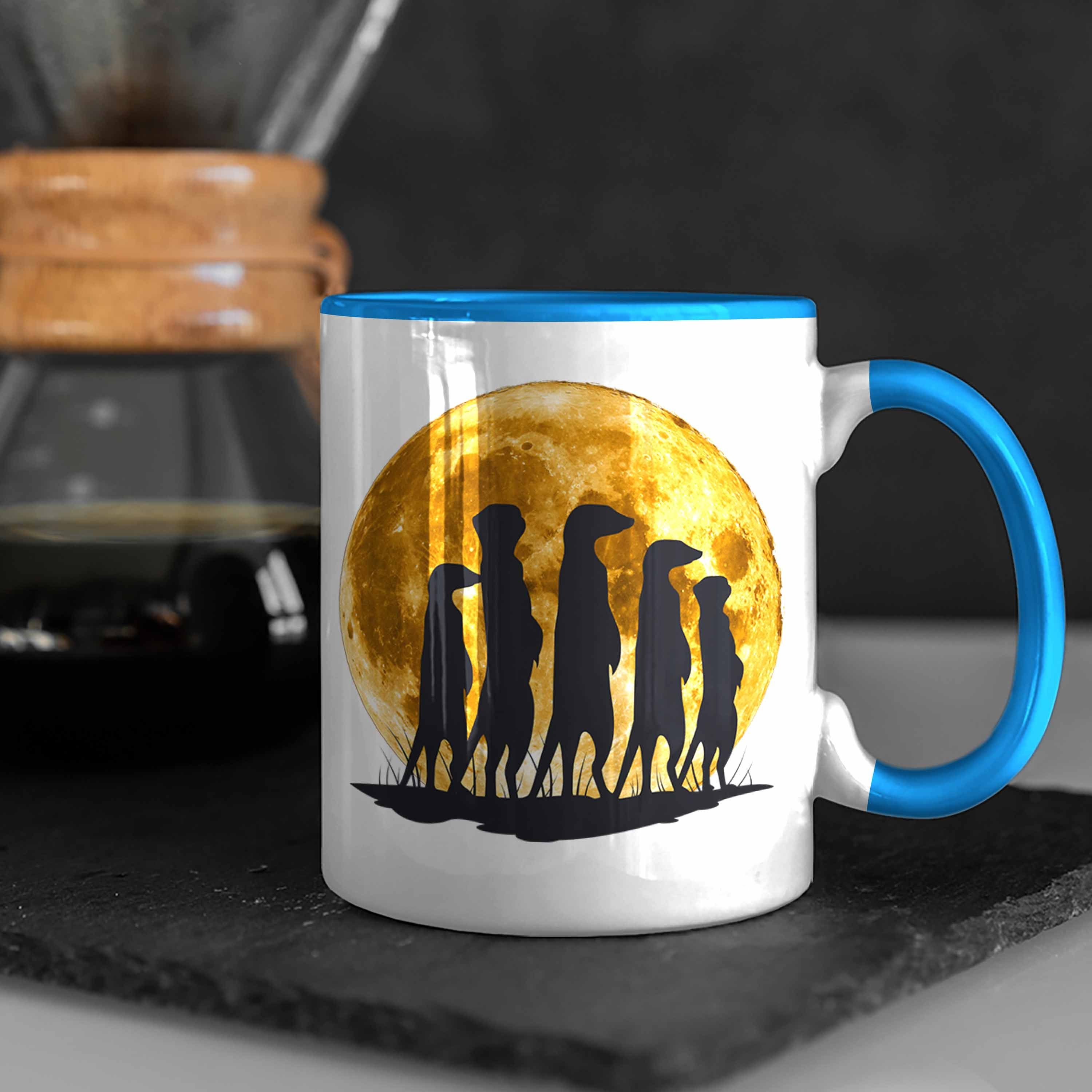 Trendation Tasse Erdmännchen für Tierliebhaber Blau Tasse Mondgrafik Geschenk