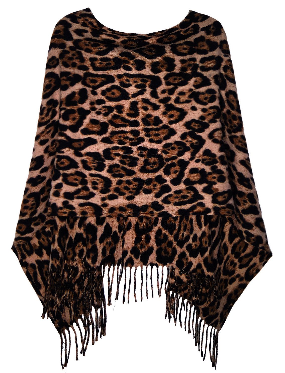 dy_mode Strickponcho Damen Feinstrick Poncho mit Fransen im Leo-Print Cape/Überwurf mit Fransen, im Leo-Print