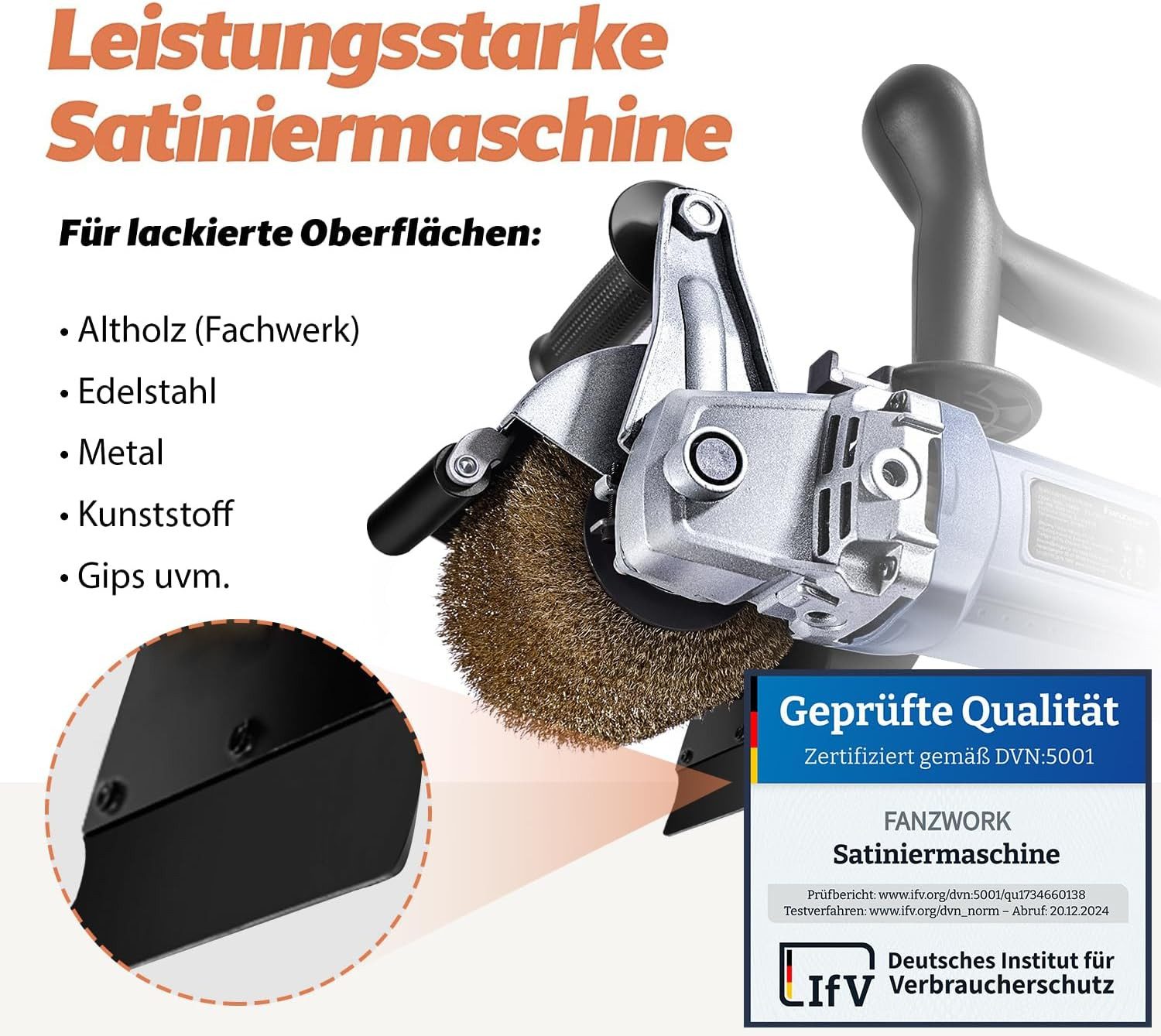 Fanzwork Walzenschleifer Satiniermaschine V2 1500W inkl. Stahldraht+Nylon+Schleifpapierbürste, Perfekt zum Trockenschleifen von Altholz, Metall, Kunststoff, Gips