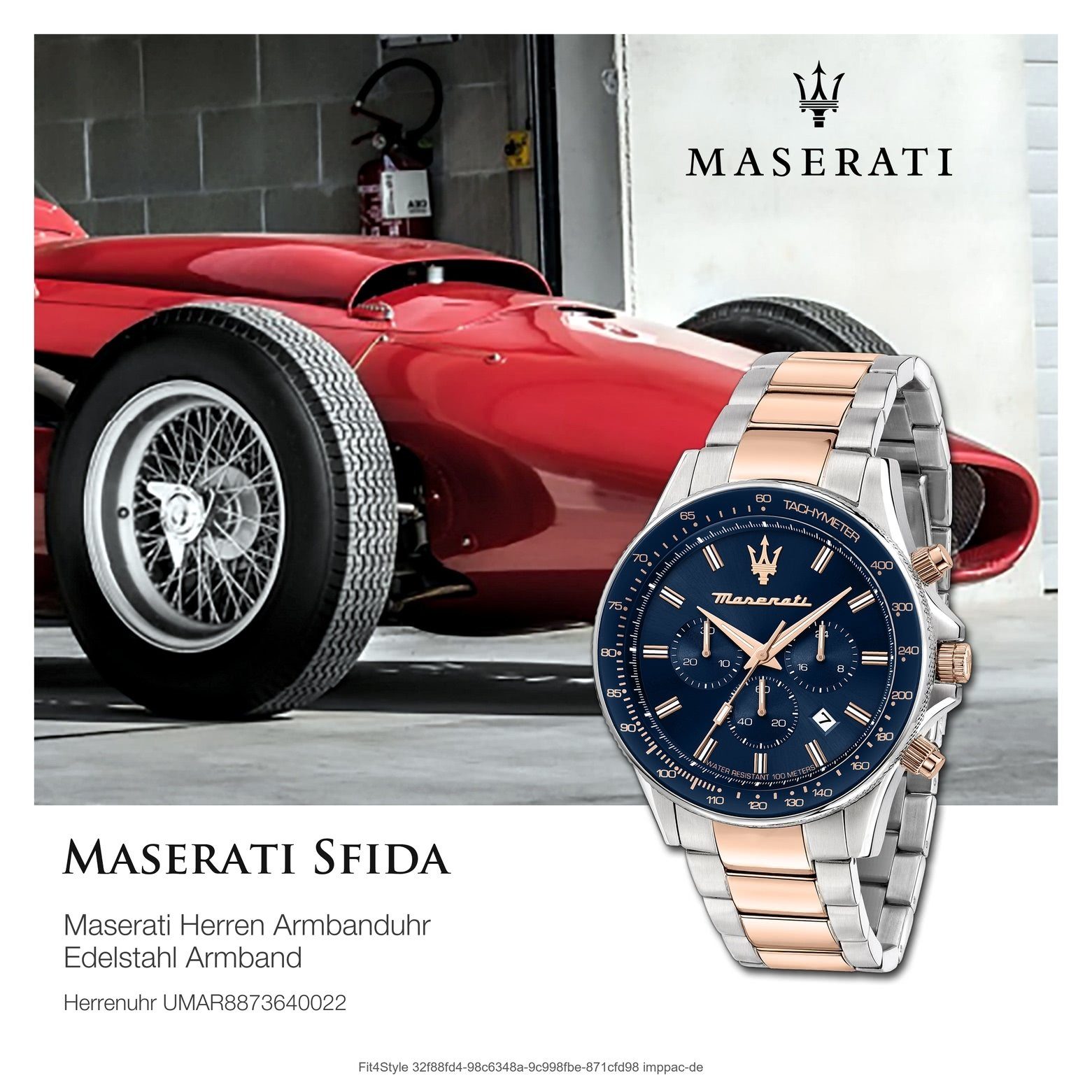 MASERATI Chronograph Maserati Herrenuhr Sfida Chrono, (Chronograph), Herrenuhr rund, groß (ca. 44mm) Edelstahlarmband, Made-In Italy