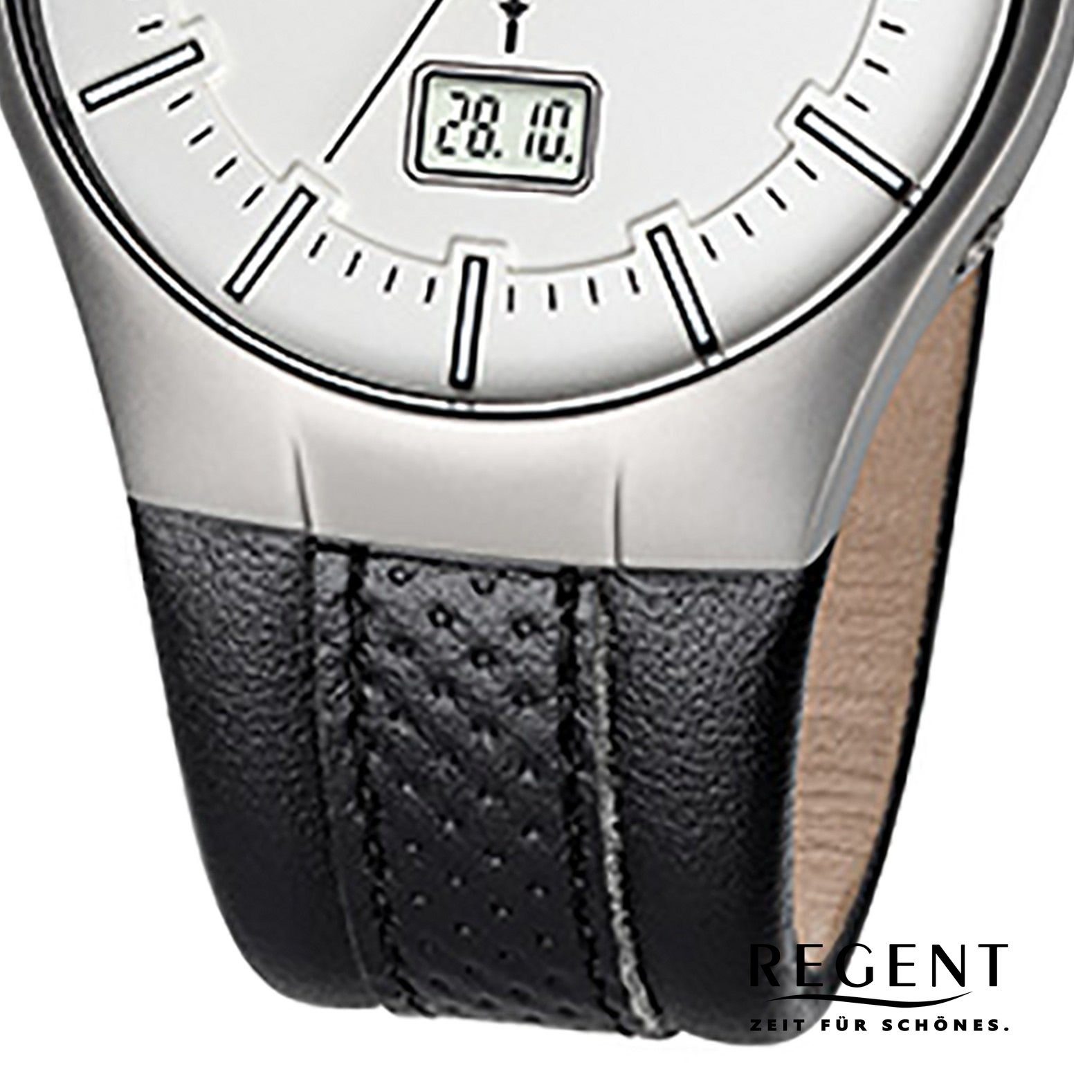 Regent Funkuhr Regent Herren-Armbanduhr schwarz, (Funkuhr), Herren Funkuhr rund, mittel (ca. 39mm), Lederarmband