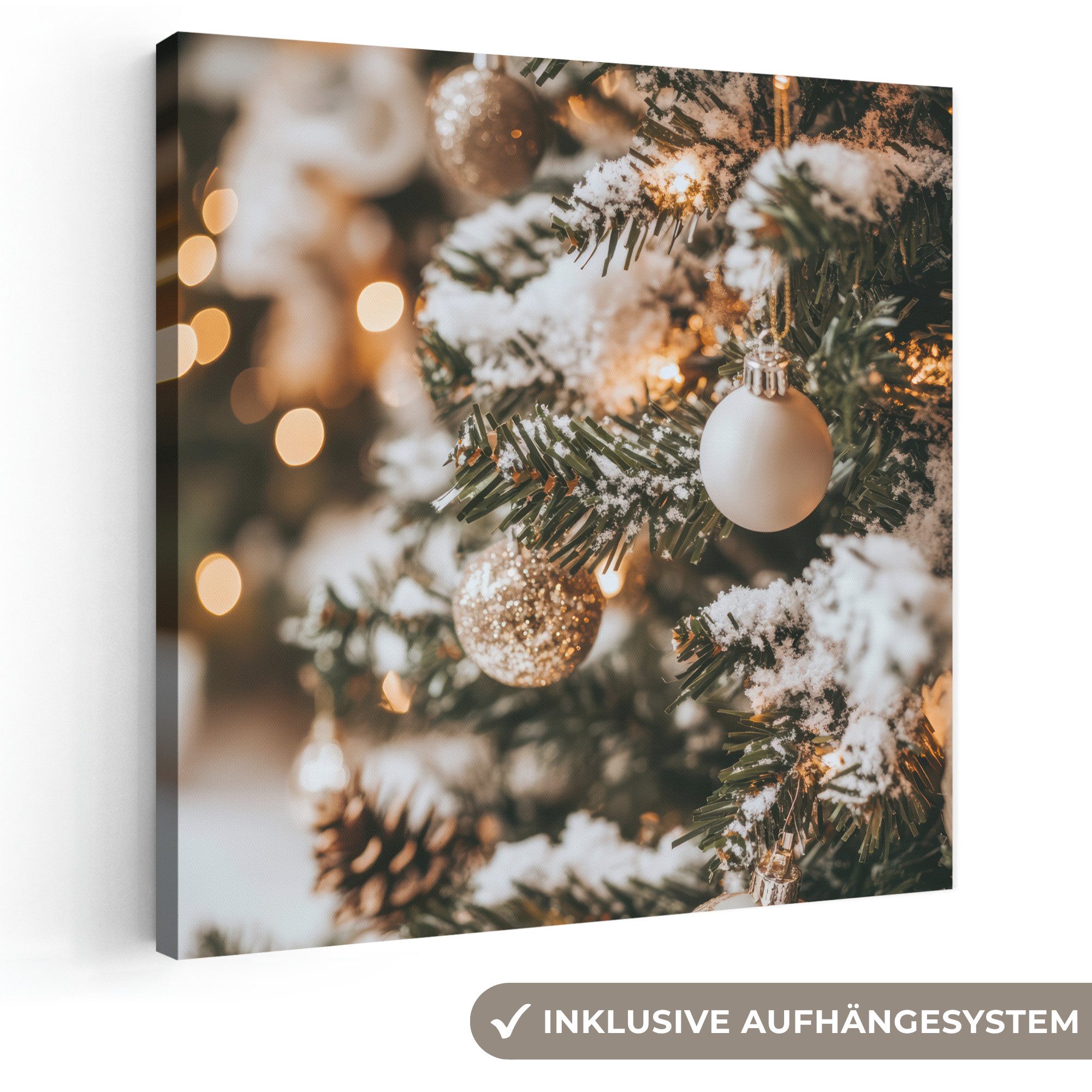 OneMillionCanvasses® Leinwandbild Weihnachten - Weihnachtsbaum - Winter - Innen - Schnee, Fotodruck (1 St), Wandbild, Deko Schlafzimmer Wohnzimmer Flur 20x20 cm