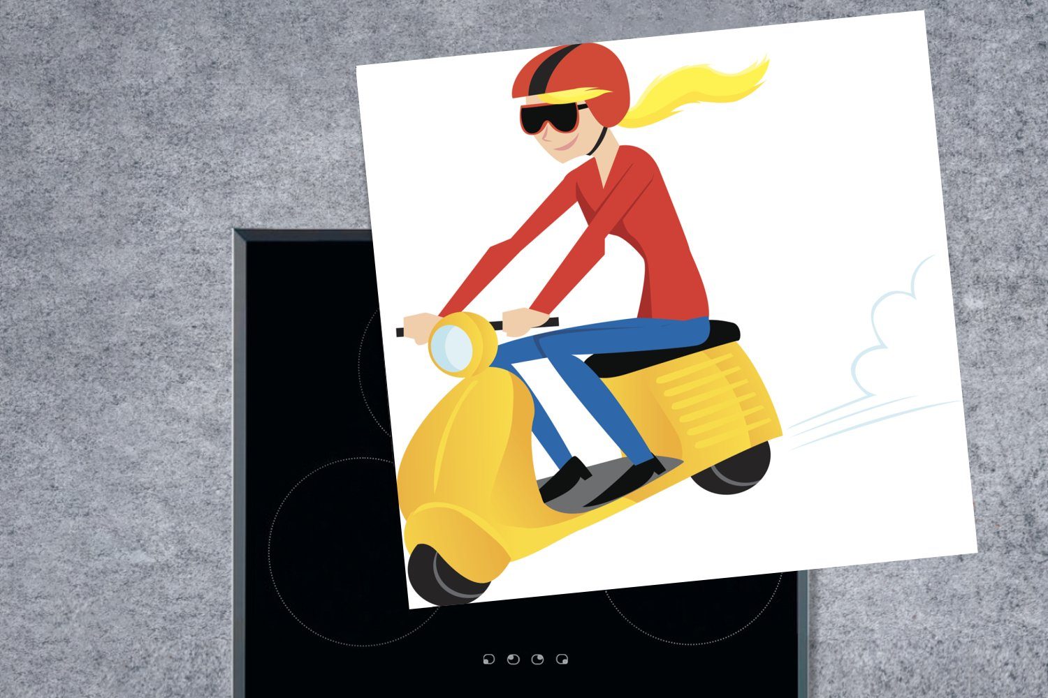 Vinyl, cm, Ceranfeldabdeckung, Illustration einer gelben (1 MuchoWow eines küche tlg), Arbeitsplatte Herdblende-/Abdeckplatte Vespa, 78x78 auf für Mädchens