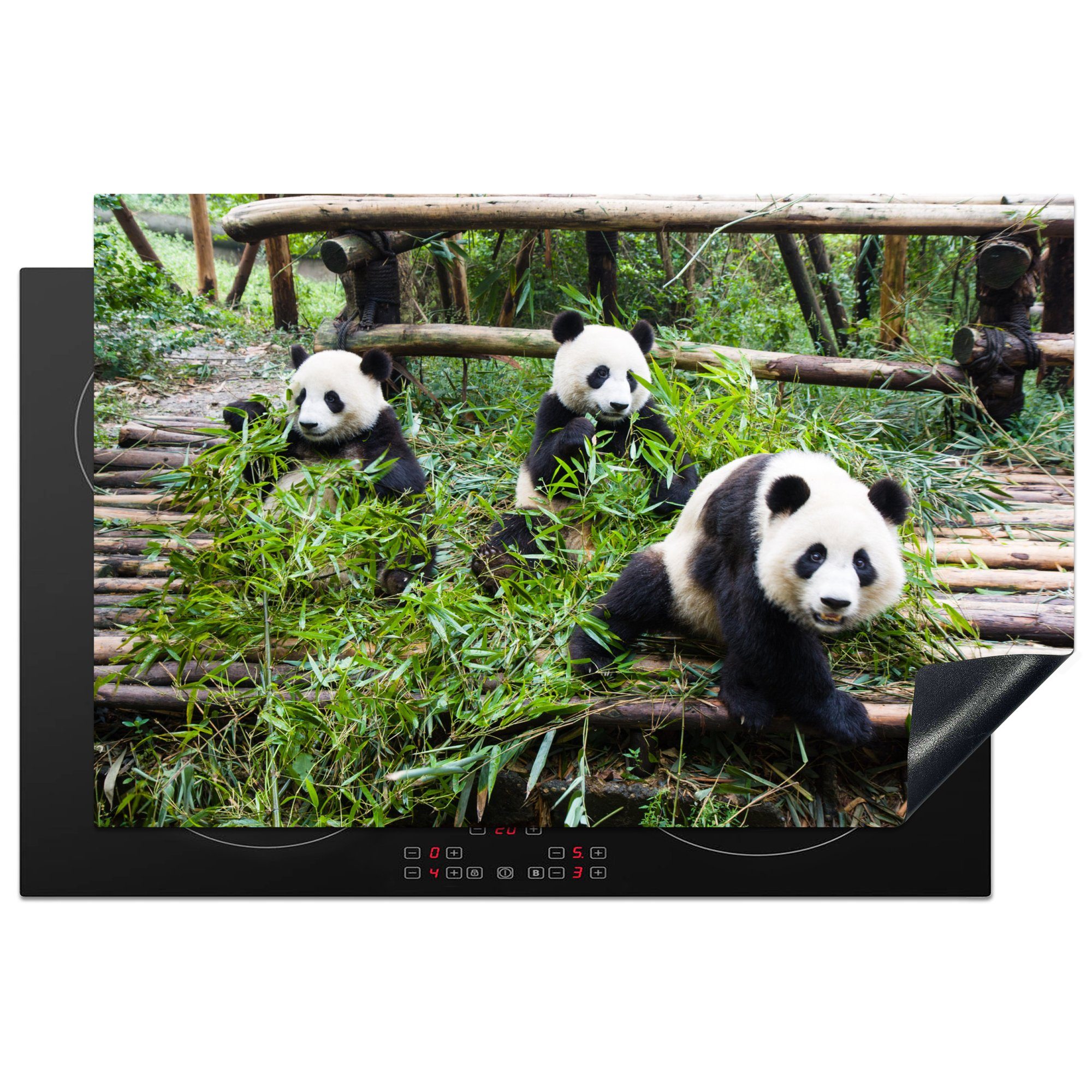 MuchoWow Herdblende-/Abdeckplatte Pandas 81x52 die cm, (1 Schutz - - Blätter, Ceranfeldabdeckung tlg), Vinyl, Bambus Induktionskochfeld für küche