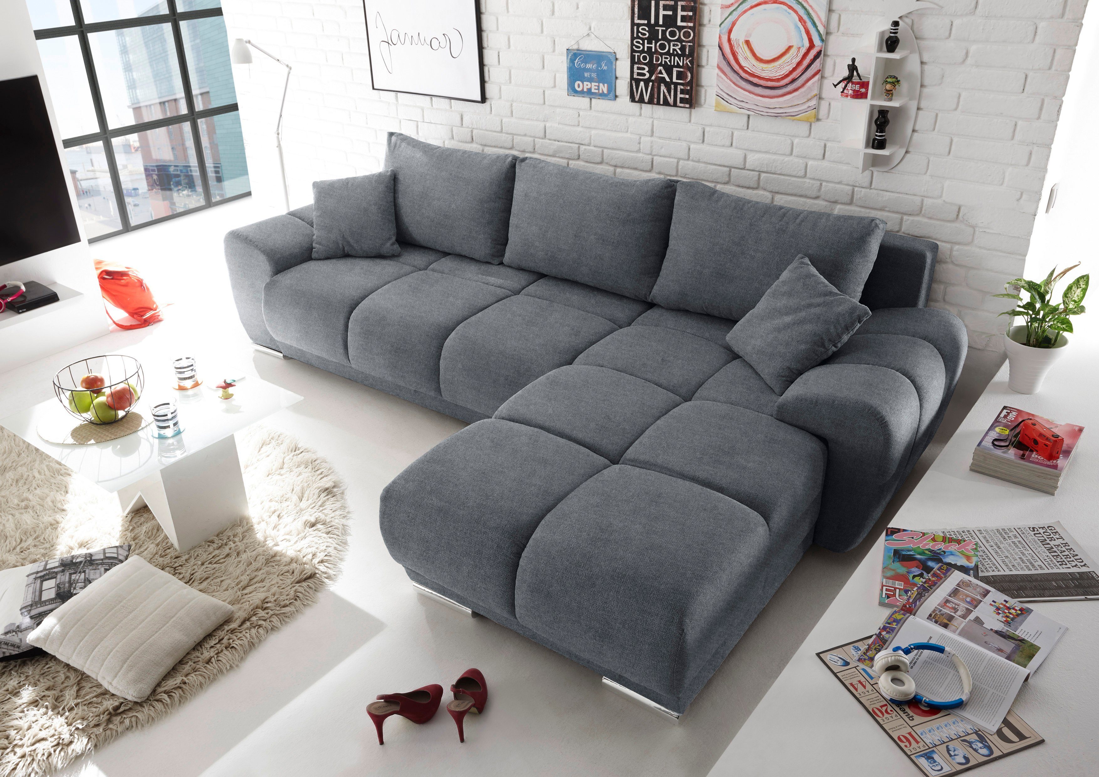 ED EXCITING DESIGN Ecksofa Anton L-Form, mit Bettfunktion, Bettkasten & 2 Zierkissen