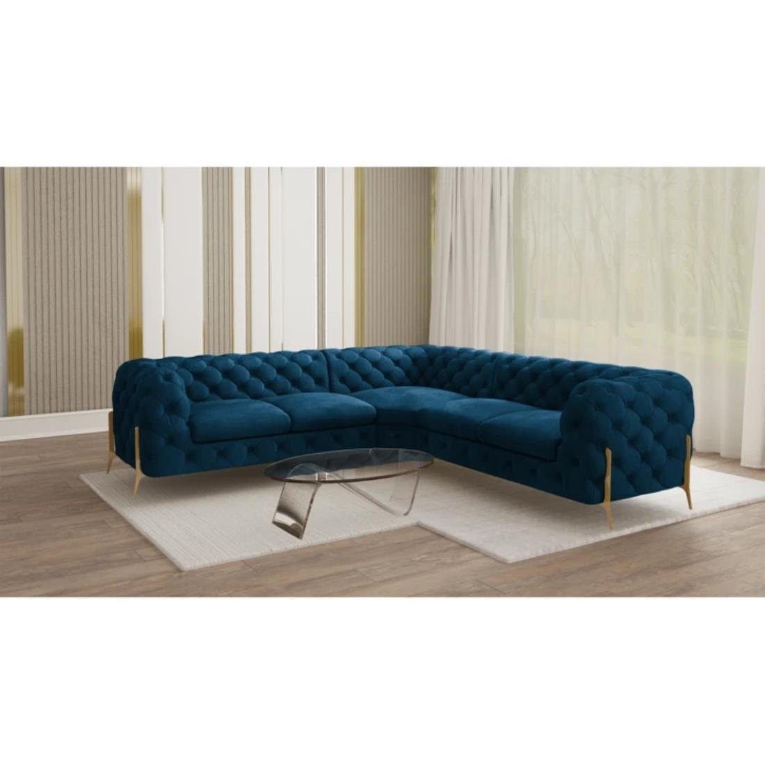 S-Style Möbel Ecksofa Chesterfield Ashley mit Goldene Metall Füßen, mit Wellenfederung Marineblau