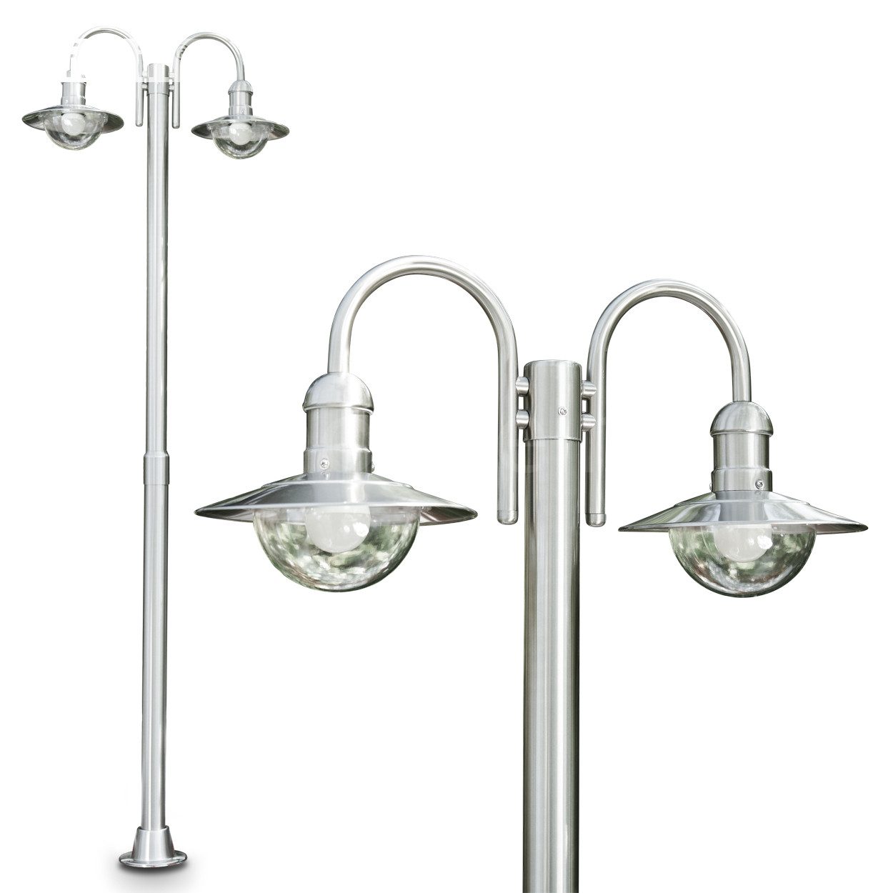 hofstein Außen-Stehlampe »Verna« Außenleuchte Kandelaber aus Edelstahl in modernem Design, ohne Leuchtmittel, mit Lampenschirmen aus Glas, 2-armige Wegeleuchte 200cm,mit E27,IP44