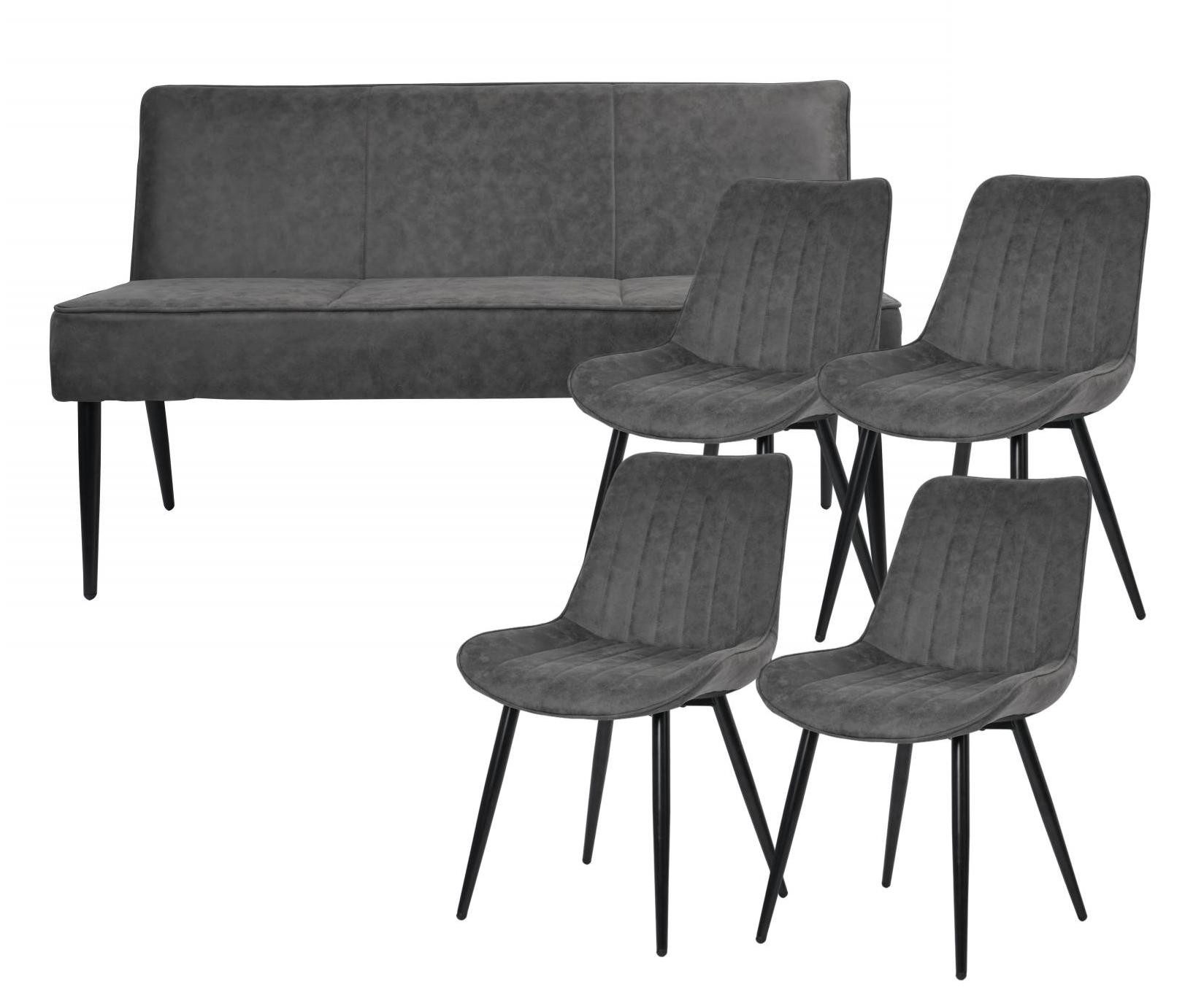 YOZI Essbank Sitzbank + Esszimmerstuhl Dunkelgrau Kunstleder Metallbeine schwarz (5-St)