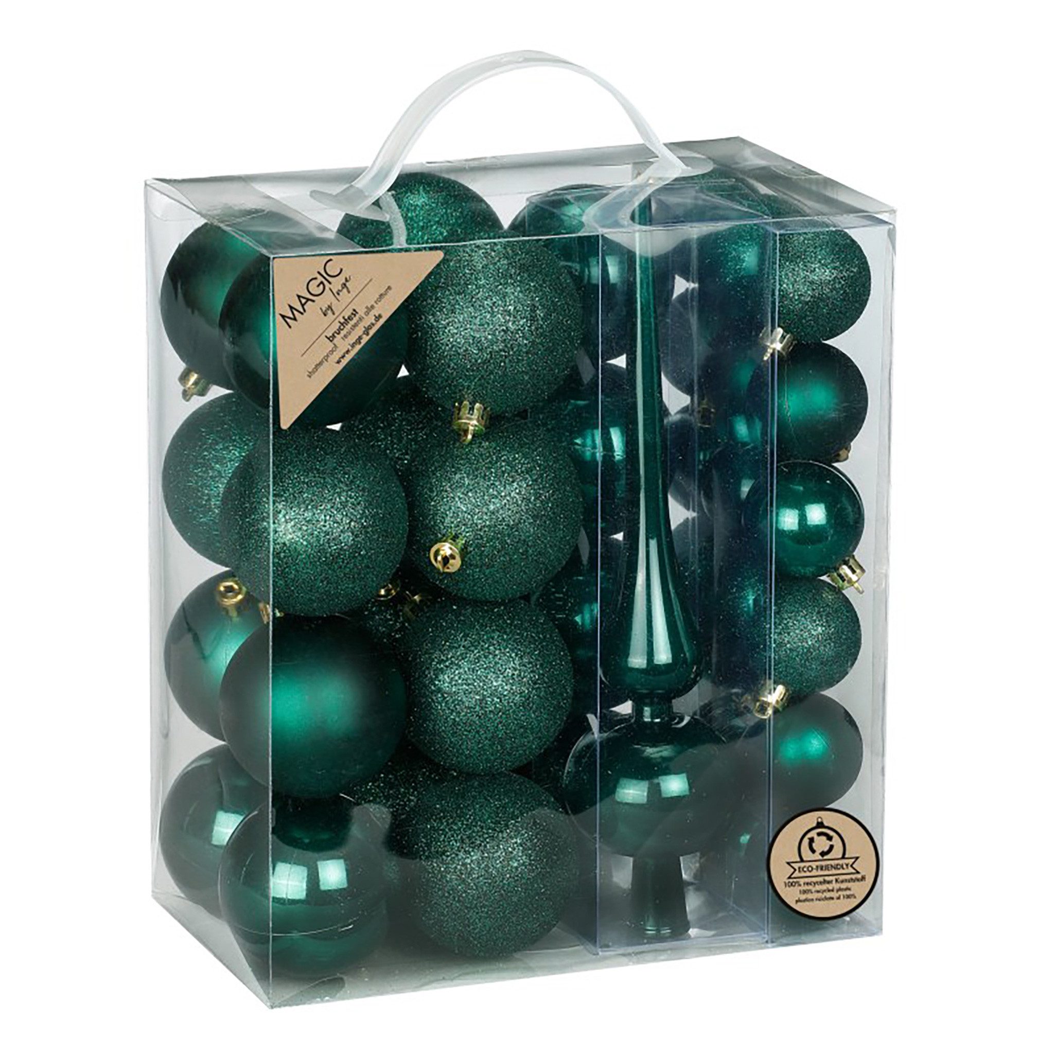 MAGIC by Inge Weihnachtsbaumkugel, Weihnachtskugeln Kunststoff 4-6cm mit Spitze 39er Set - Noble Green