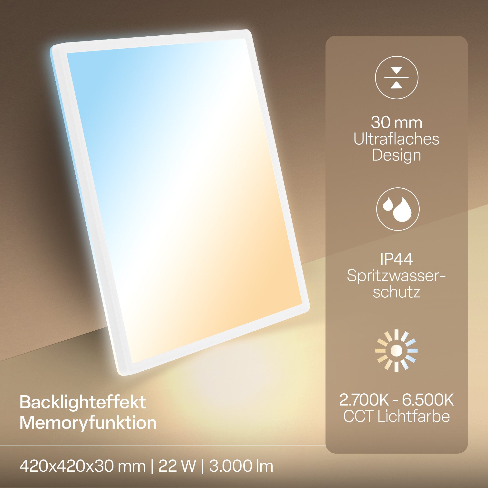 B.K.Licht LED Panel Deckenleuchte Wohnzimmer Flach Fernbedienung CCT Dimmbar IP44, LED fest integriert, CCT-Farbtemperatursteuerung, Badlampe, Badezimmer, Küche, Wohnzimmer