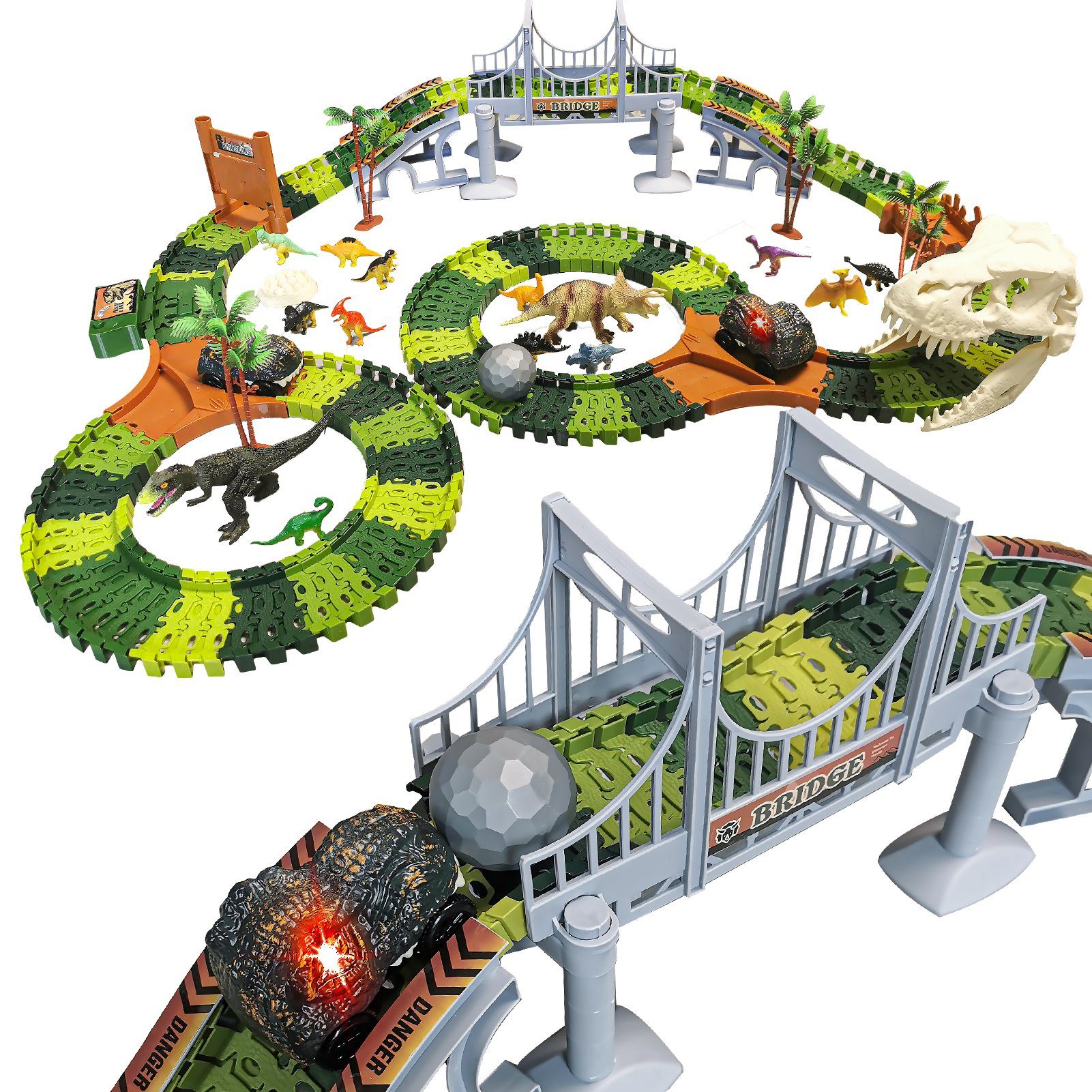 Esun Autorennbahn 395 Stück Dinosaurier Spielzeug autorennbahn ab 3 4 5 ...