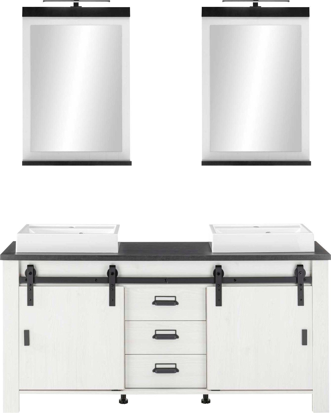 Home affaire Badmöbel-Set SHERWOOD, Bad im modernen Design, 3-teiliges Badezimmer, (3-St), in 2 Farben verfügbar, Scheunentorbeschlag & Apothekergriff aus Metall
