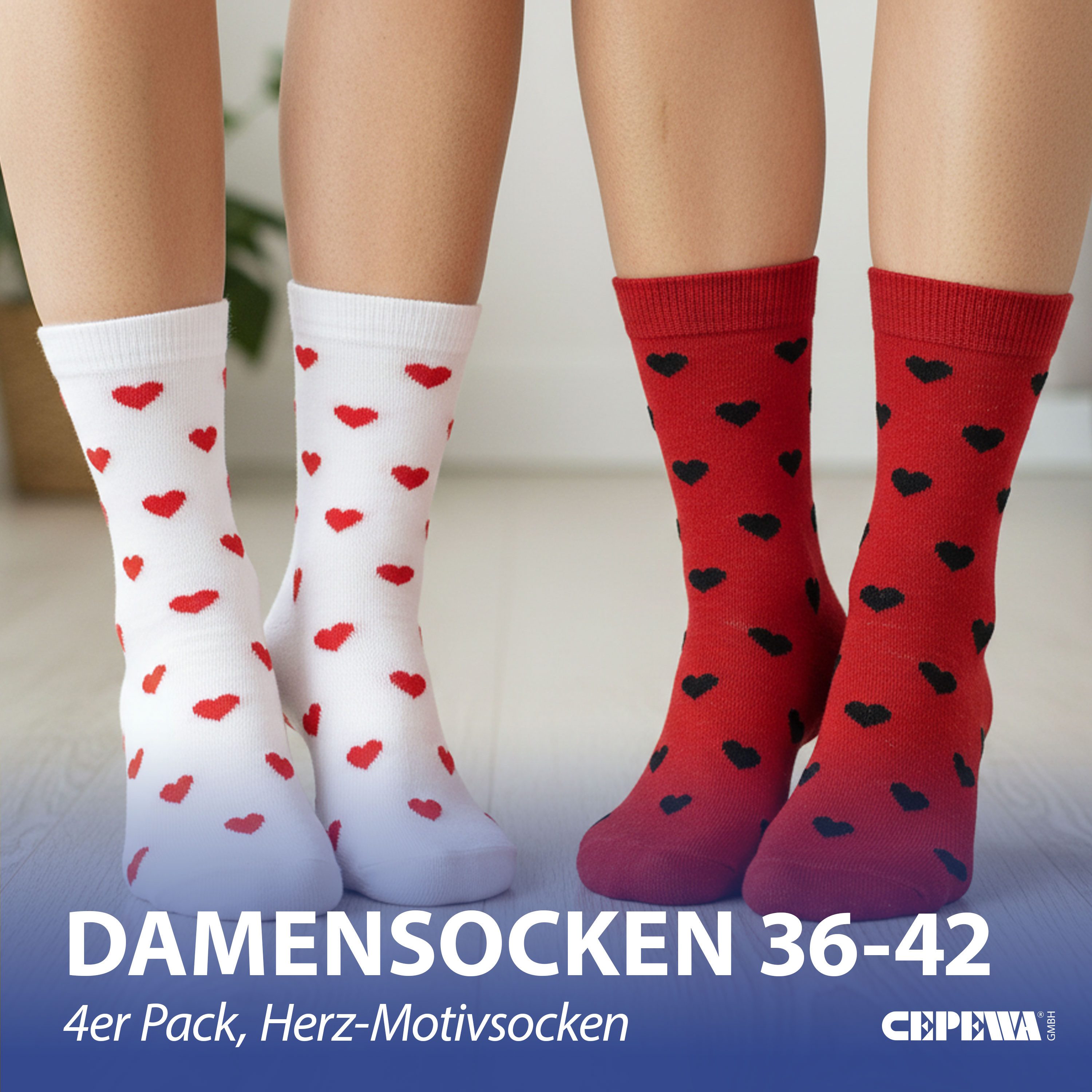 CEPEWA Socken Damensocken Herz 4er Pack 36-42 rot weiß Polyester Baumwolle Elasthan