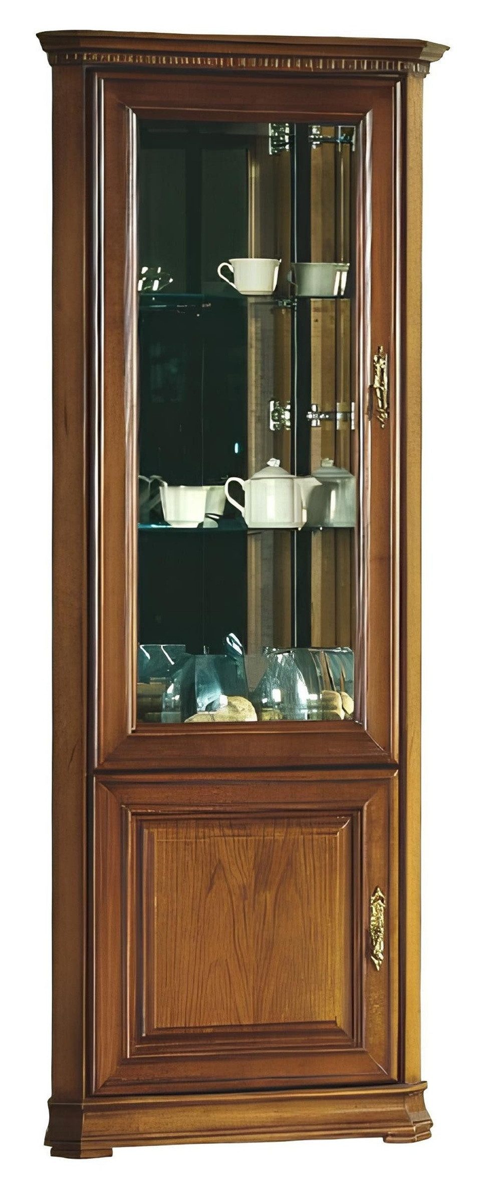 Eckvitrine Eckschrank aus massivem Holz mit Glasfronten für Sammlerstücke