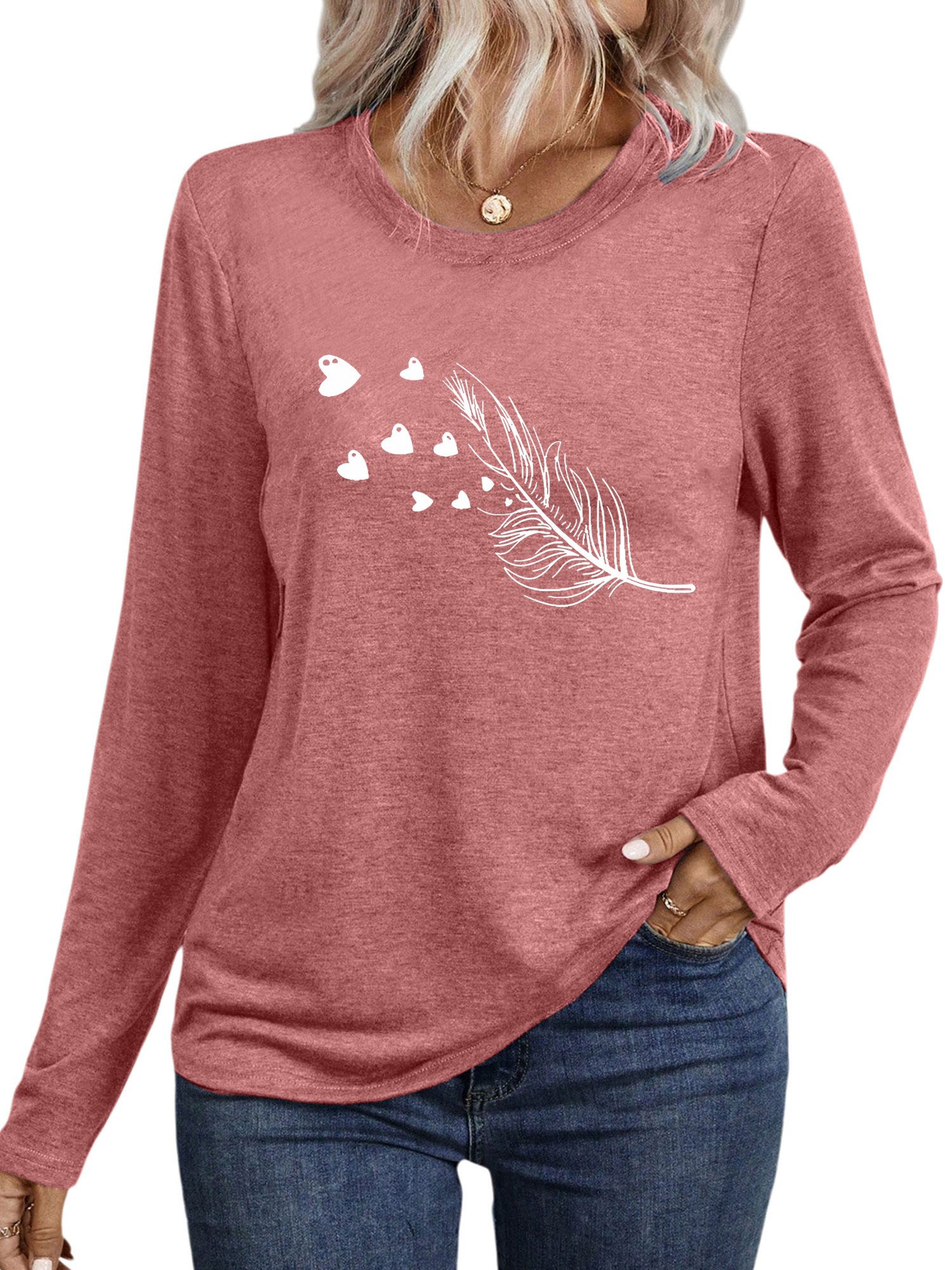 PYLIKE Langarmshirt Damen Rundhalsausschnitt Longsleeve mit Feder Print-Shi günstig online kaufen