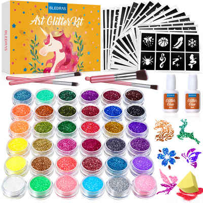 Bledras Schmink-Set, Glitzer Tattoo Set Kinder Jungen Mädchen, 36 Farben Glitzer, 145 Schablonen für Party, Geburtstag