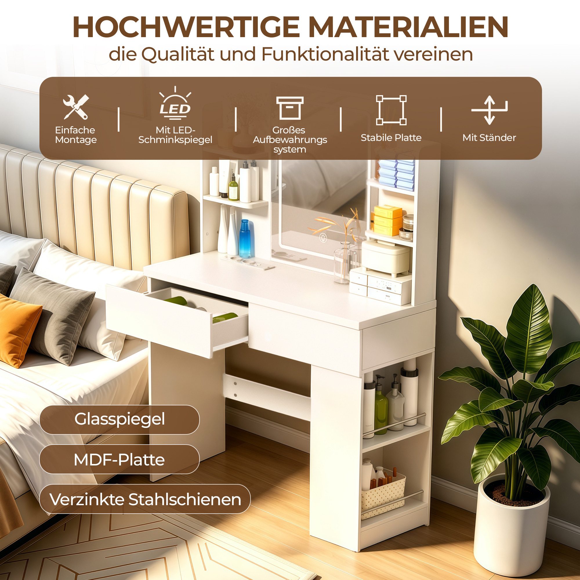 GLIESE Schminktisch mit LED-Beleuchtung, Frisierkommode 90x40x135cm (1-St., Schminktisch), 2 Steckdose + 2 USB, Stufenloser Dimmfunktion