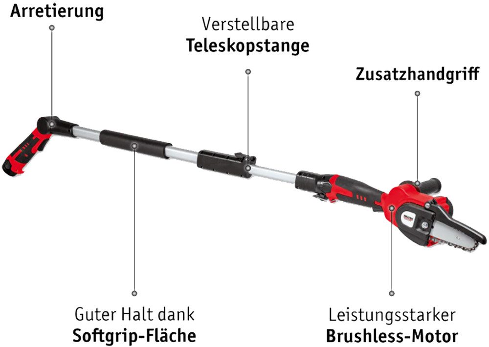 WALTER Akku-Kettensäge 12V Hochentaster Gehölzschneider Astsäge Kettensäge inkl. Akku, Schneller Wechsel zwischen Hochentaster und Kettensäge