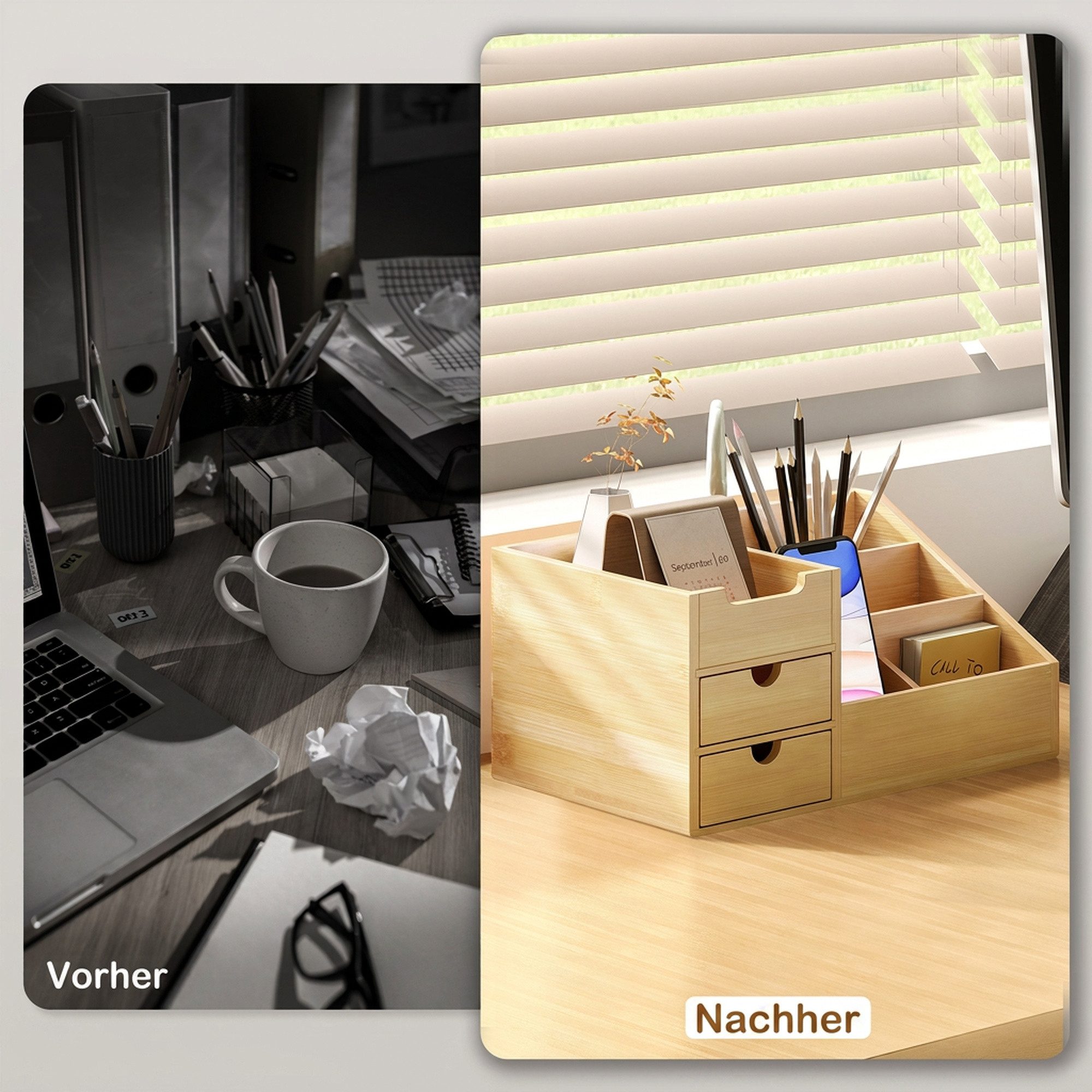 HOMCOM Organizer Schreibtischorganizer Aufbewahrungsbox 2 Schubladen Natur (Schreibtischorganizer, 1 St., 2 Schublade), Naturholz 33 x 20,5 x 15,5 cm – Bild 4 von 5