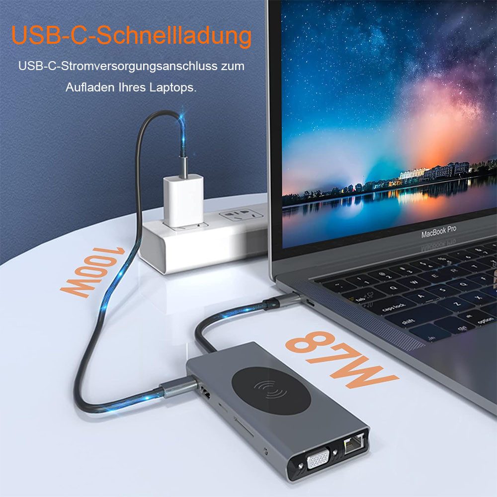 TUWENA Konsolen-Dockingstation HUB Dongle mit kabellosem Laden, 13 in 1 Docking Station Adapter – Bild 4 von 5