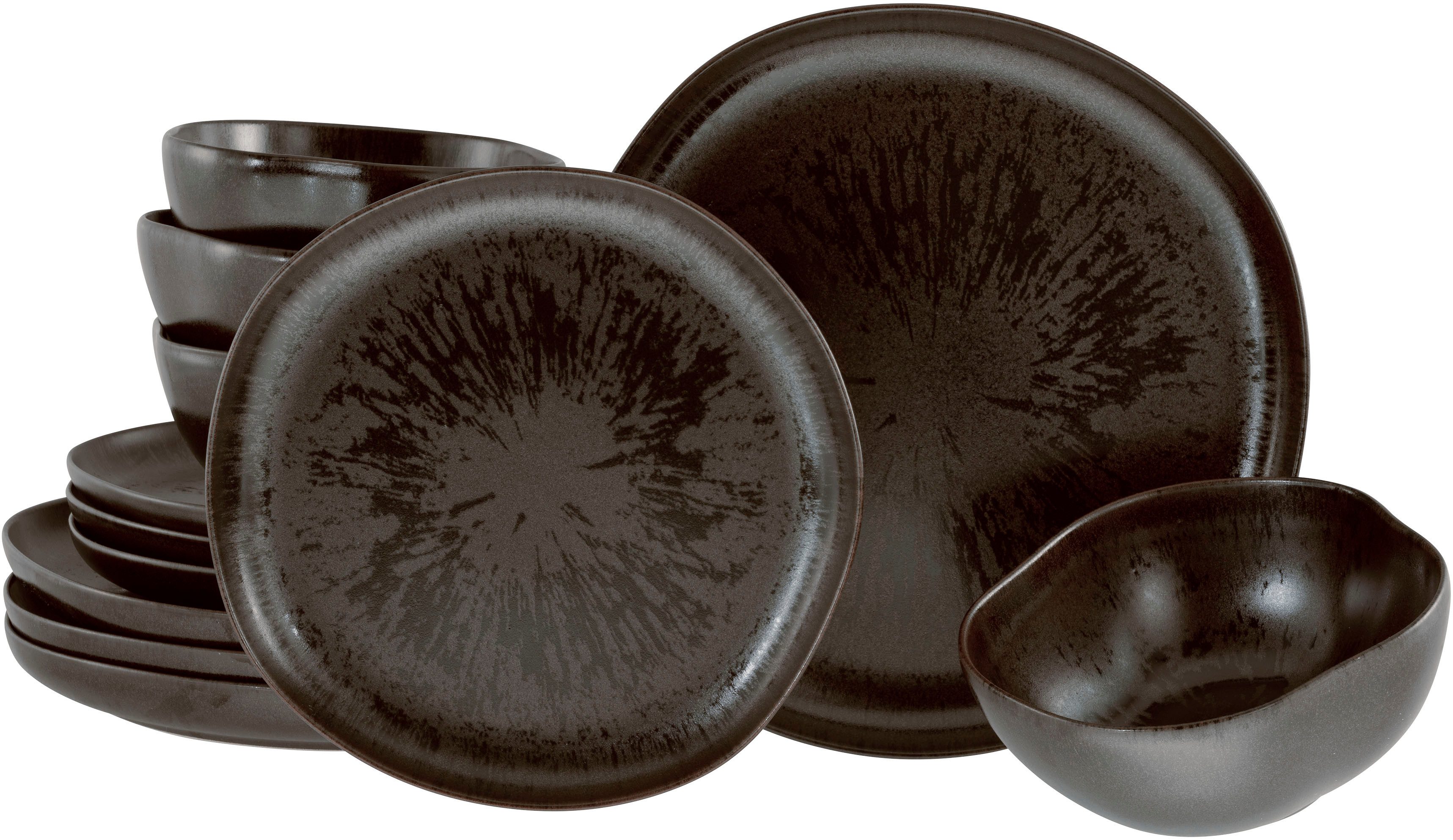 CreaTable Teller-Set Natura Organic Rusty, Tellerset 12-tlg (12-tlg), 4 Personen, Steinzeug, Seidenmatte Effektglasur