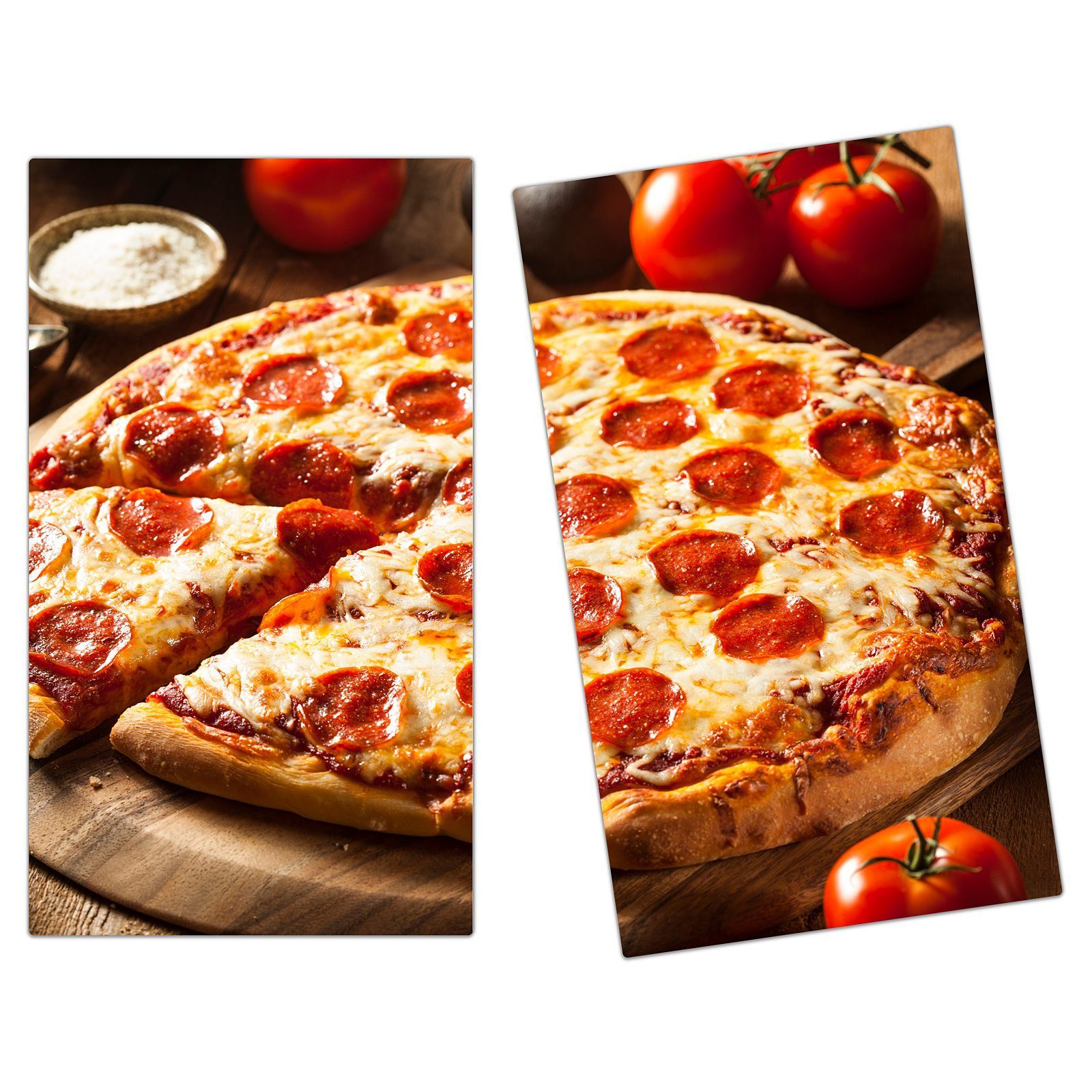 Primedeco Herd-Abdeckplatte Pizza tlg) Spritzschutz Herdabdeckplatte (2 Glas aus auf Glas, Holzplatte