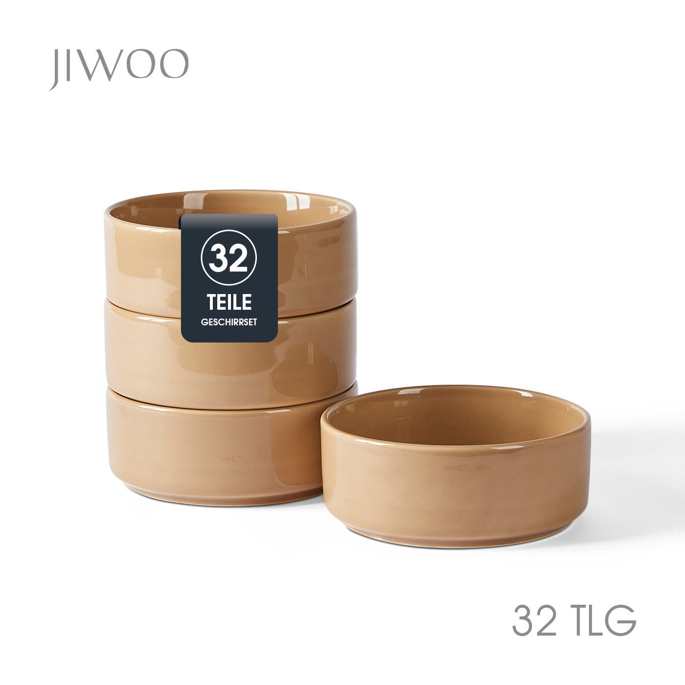 JIWOO Salatschüssel 4er Ø13,5cm, Müslischüssel Suppenschüssel Dessertschale Obstschale, Keramik, (Set, 32-tlg), Bowl Hochwertige Schüsseln Braun Schüssel Mikrowellenofen Spülmaschine