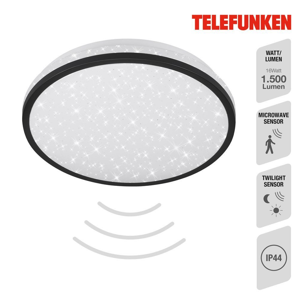 Telefunken LED Deckenleuchte 318305TF, Leuchtdauer einstellbar, LED fest integriert, 2700K - Extra-Warmweiß, Deckenleuchte Sensor Sternenhimmel 16W 1500lm 4000K Ø 28cm