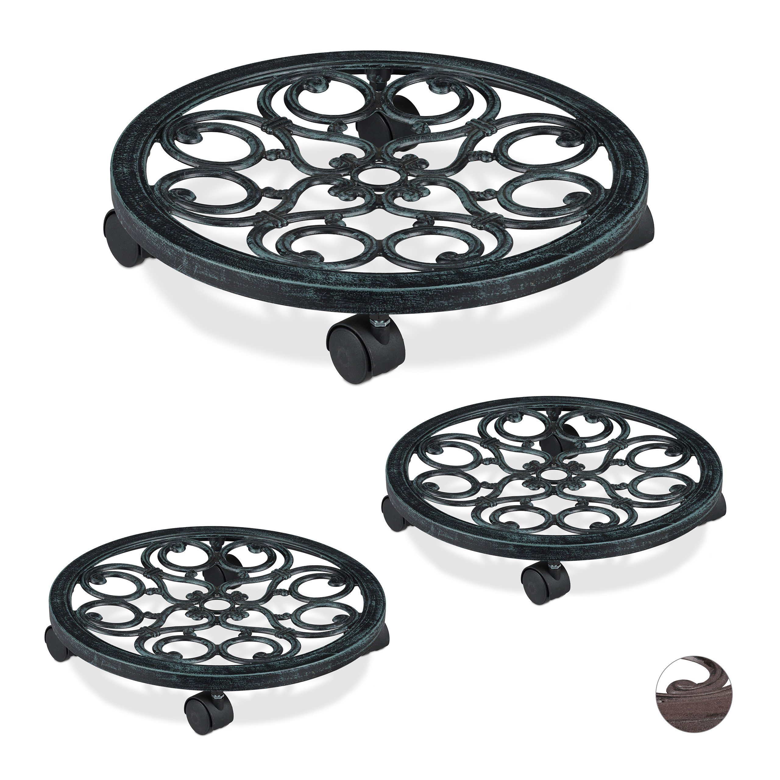Blumentopfuntersetzer 3 x Pflanzenroller rund antik grün